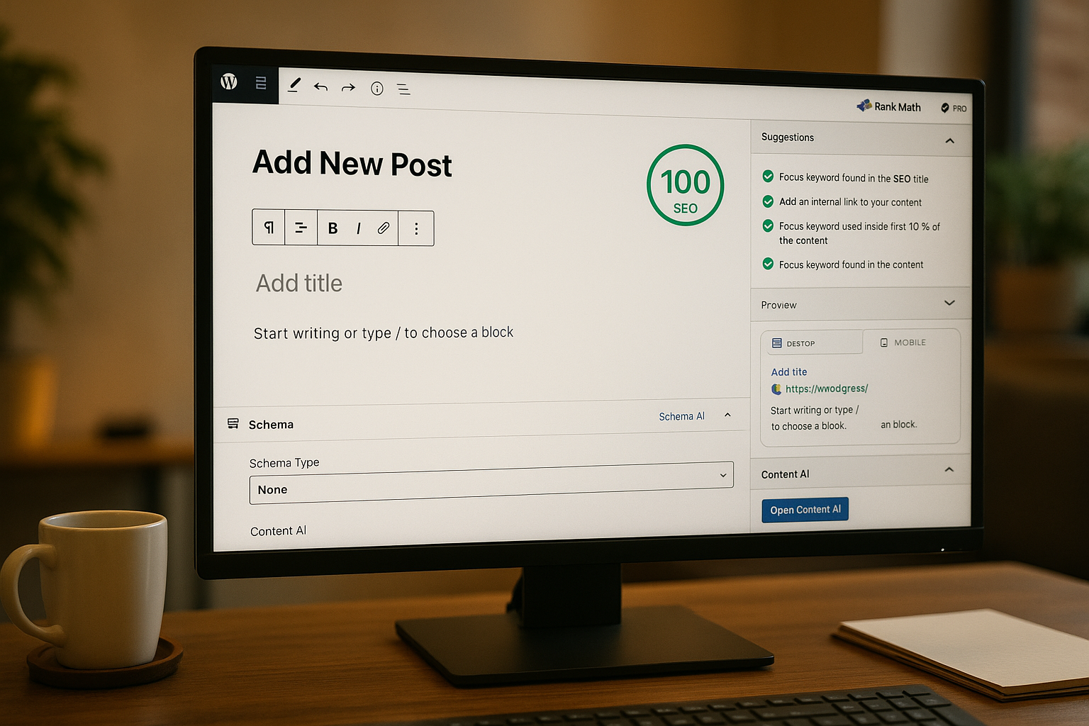 Professional editorial photograph (1536x1024) showing detailed WordPress content editor interface with Rank Math Pro plugin active in real-t