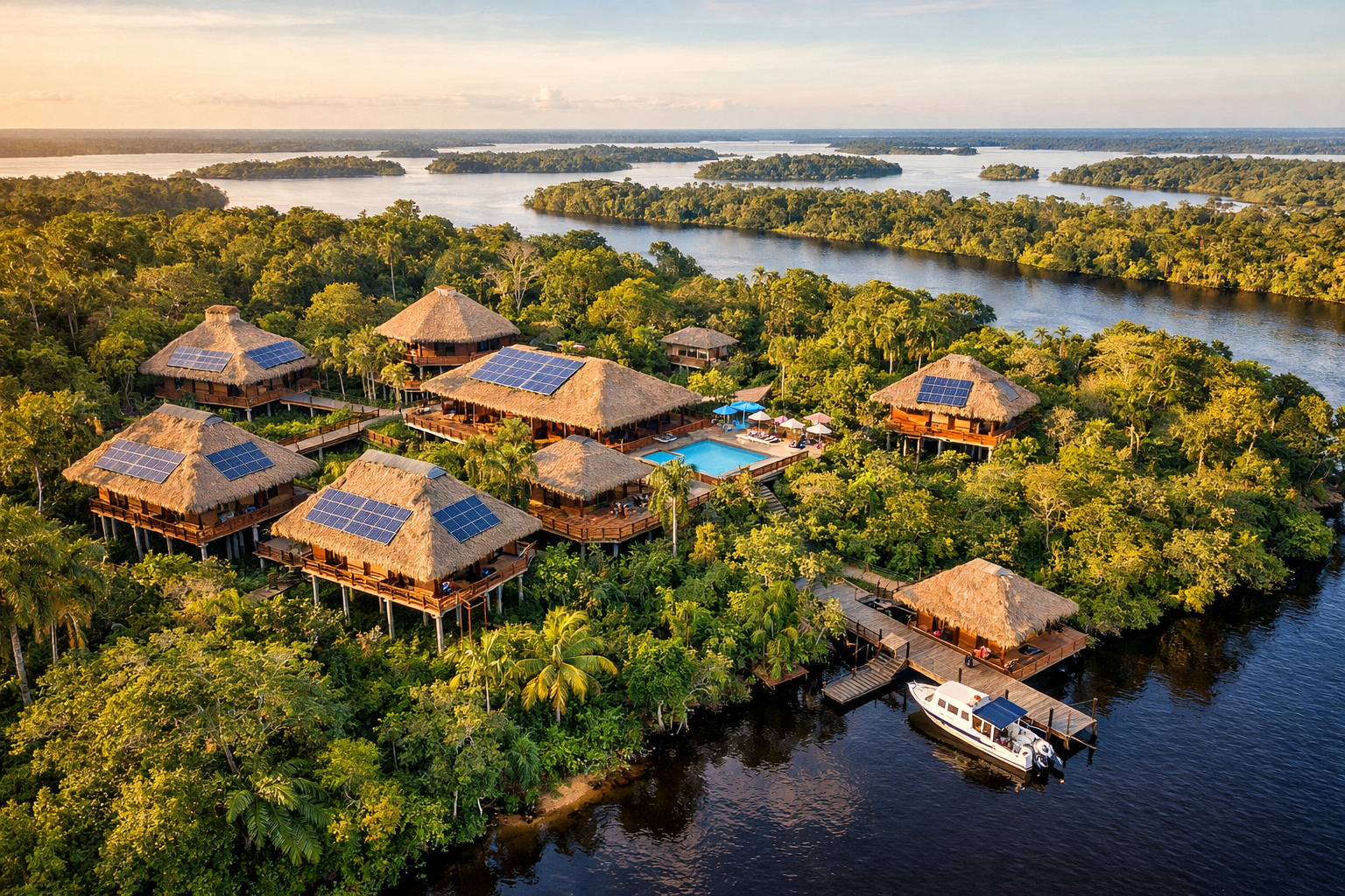 Aerial drone perspective () showing a premium Amazon eco-lodge complex near Manaus with solar panels on thatched rooftops,