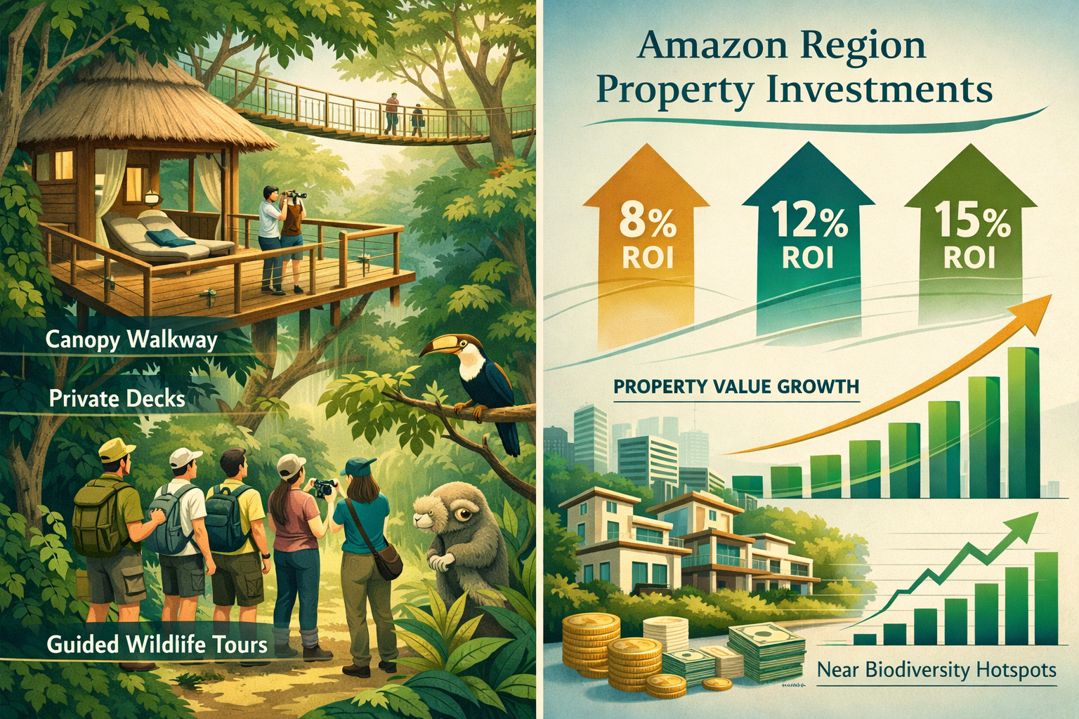 Detailed () infographic-style illustration showing a split-scene: left side depicts luxury eco-resort amenities including