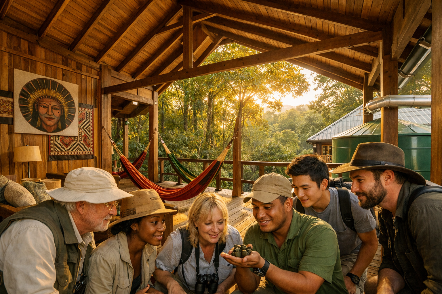 Wide-angle () ground-level photograph inside a premium Amazon eco-lodge interior near Manaus, showing certified sustainable