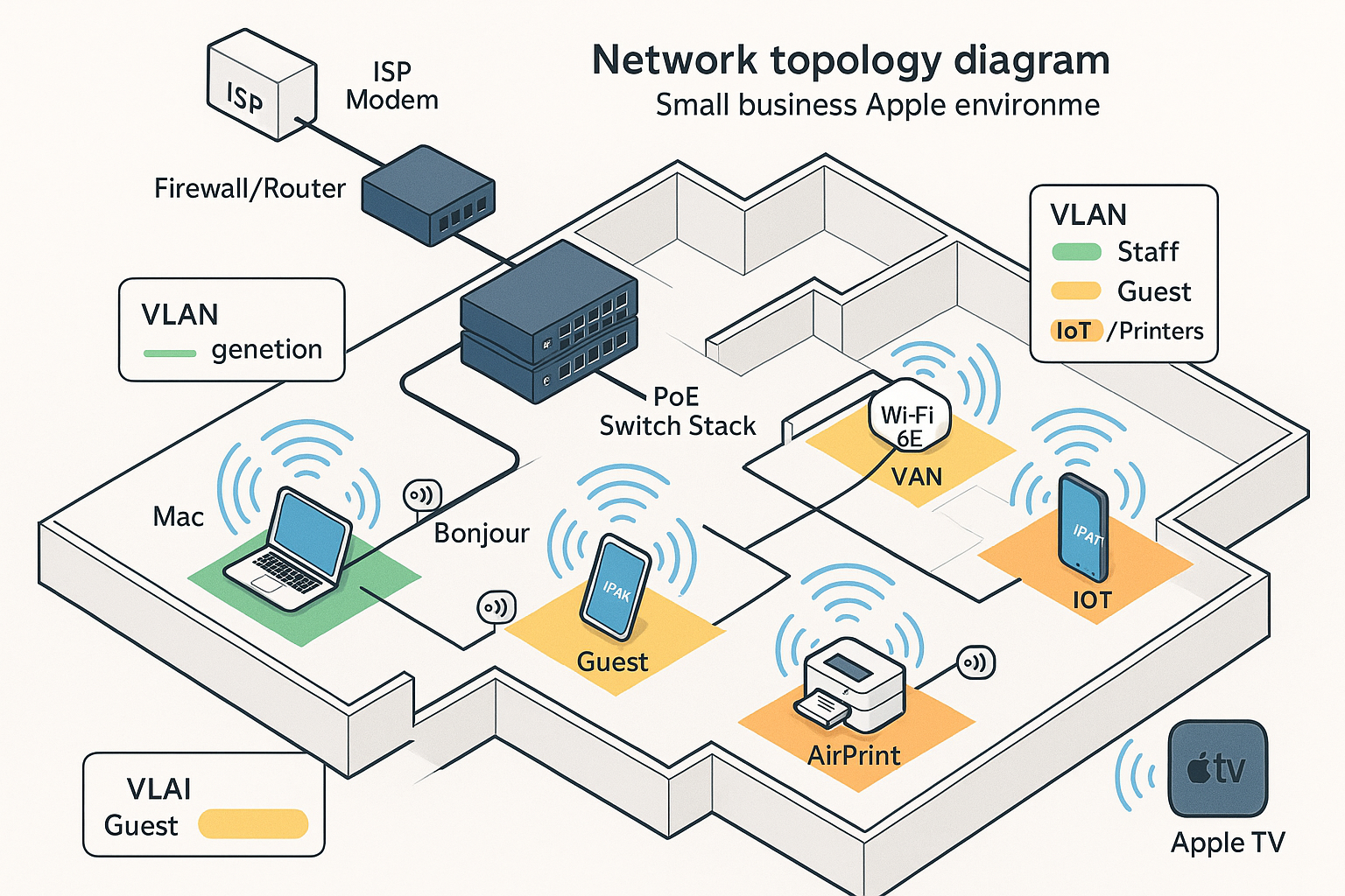 Detailed technical illustration (1536x1024) showing network topology diagram for small business Apple environment: ISP modem connecting to f
