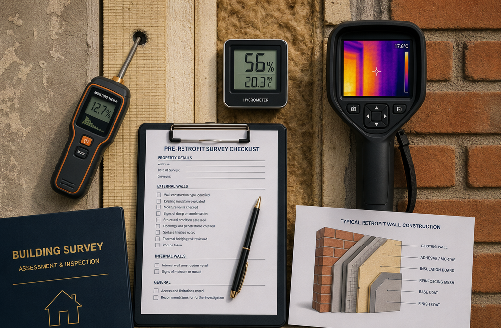 Close-up overhead view of a building surveyor's inspection toolkit laid out on a retrofitted wall surface: thermal imaging