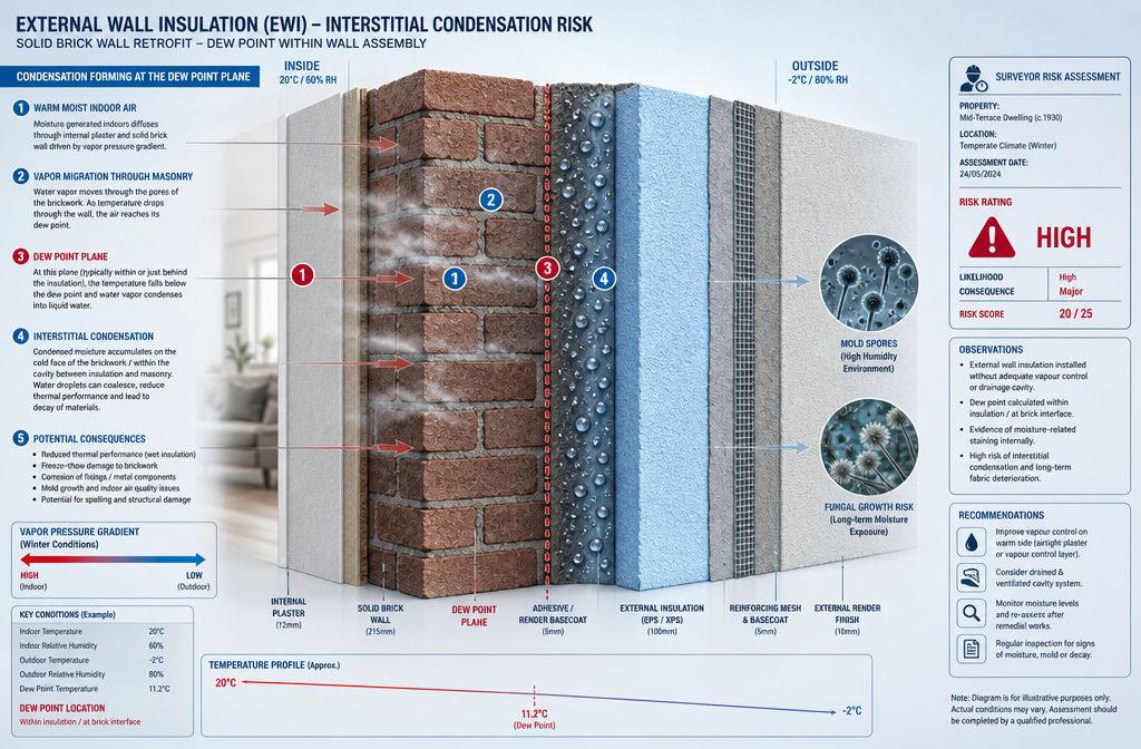 Wide-angle cross-section architectural diagram illustration of a solid brick wall retrofitted with external wall insulation