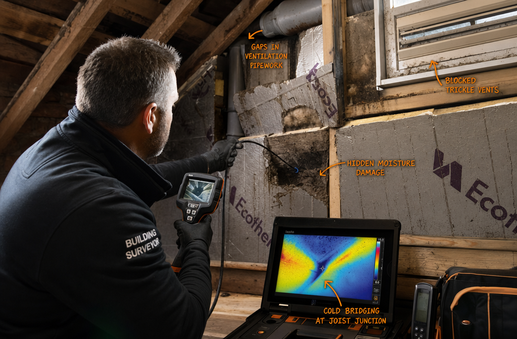 Eye-level perspective inside a retrofitted loft space showing a building surveyor using a borescope camera to inspect hidden