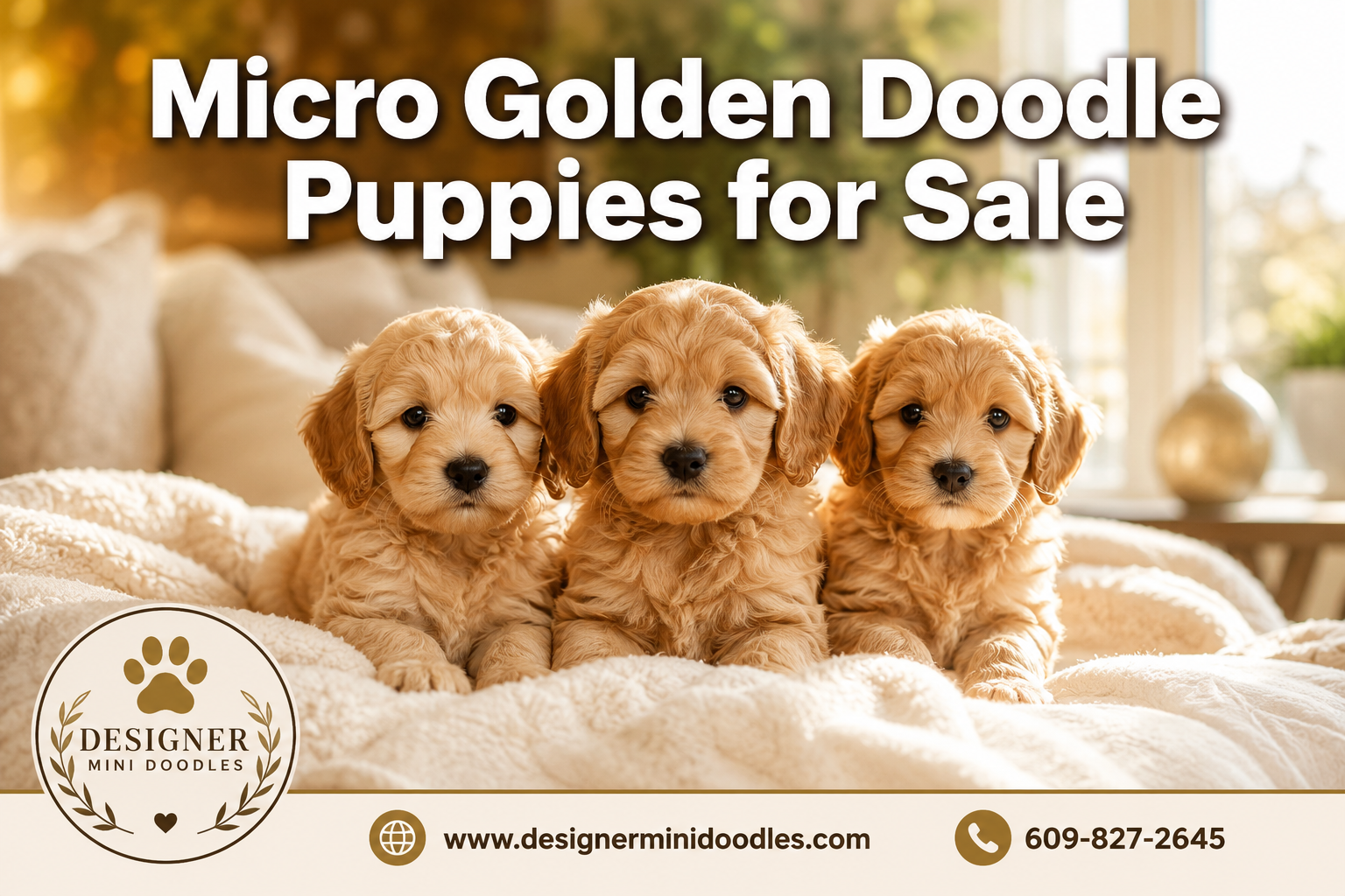 Professional () hero image featuring 'Micro Golden Doodle Puppies for Sale' in extra large white with dark effect, centered