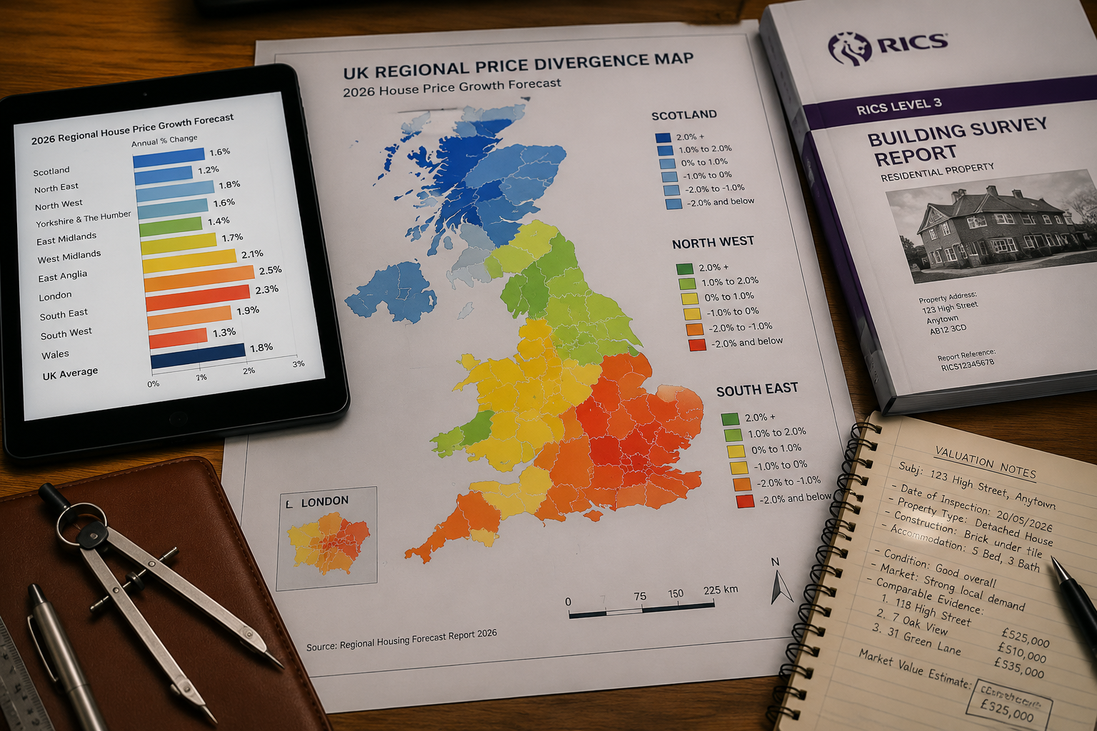 Close-up overhead shot of a building surveyor's desk with a large UK regional price divergence map spread out, showing