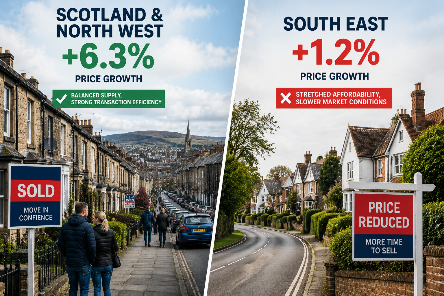 Dynamic split-screen editorial image contrasting two property market scenes: on the left, a busy northern UK street with