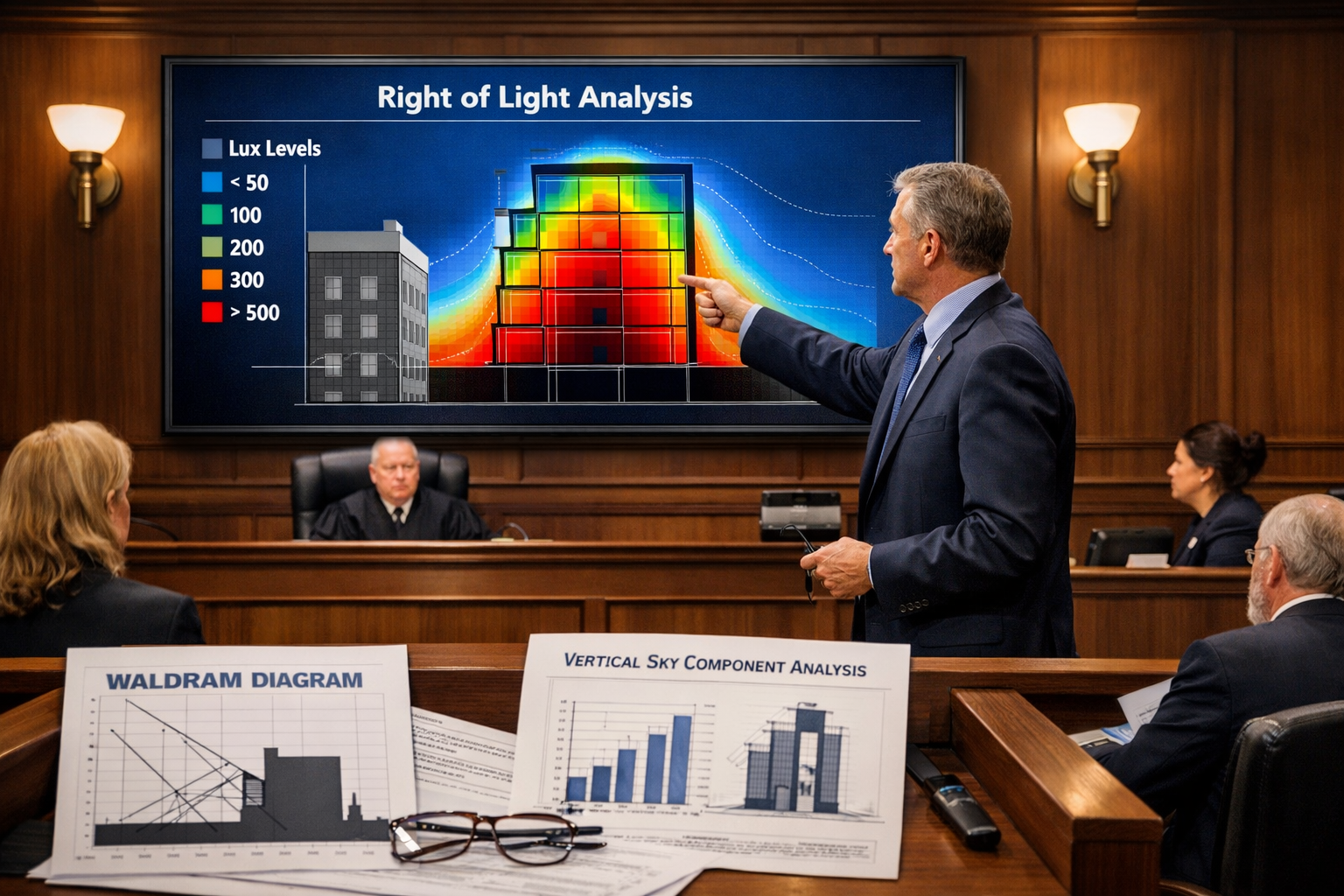 Detailed () image showing professional courtroom scene with expert witness surveyor presenting right of light evidence.