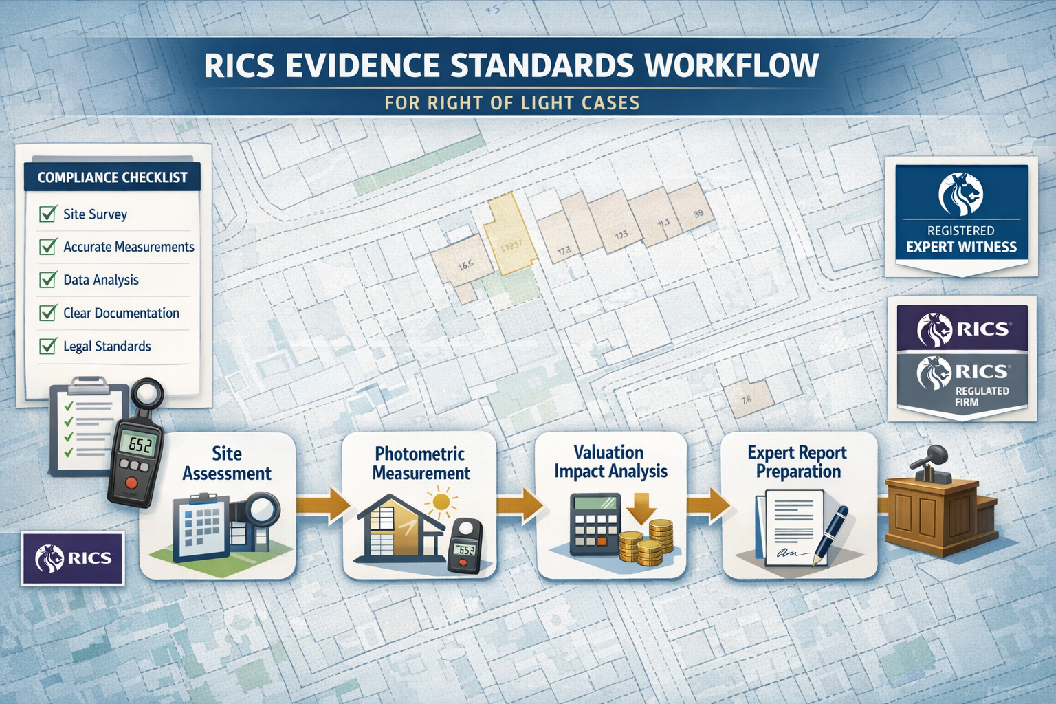 Detailed () technical illustration showing RICS evidence standards workflow for right of light cases. Central flowchart