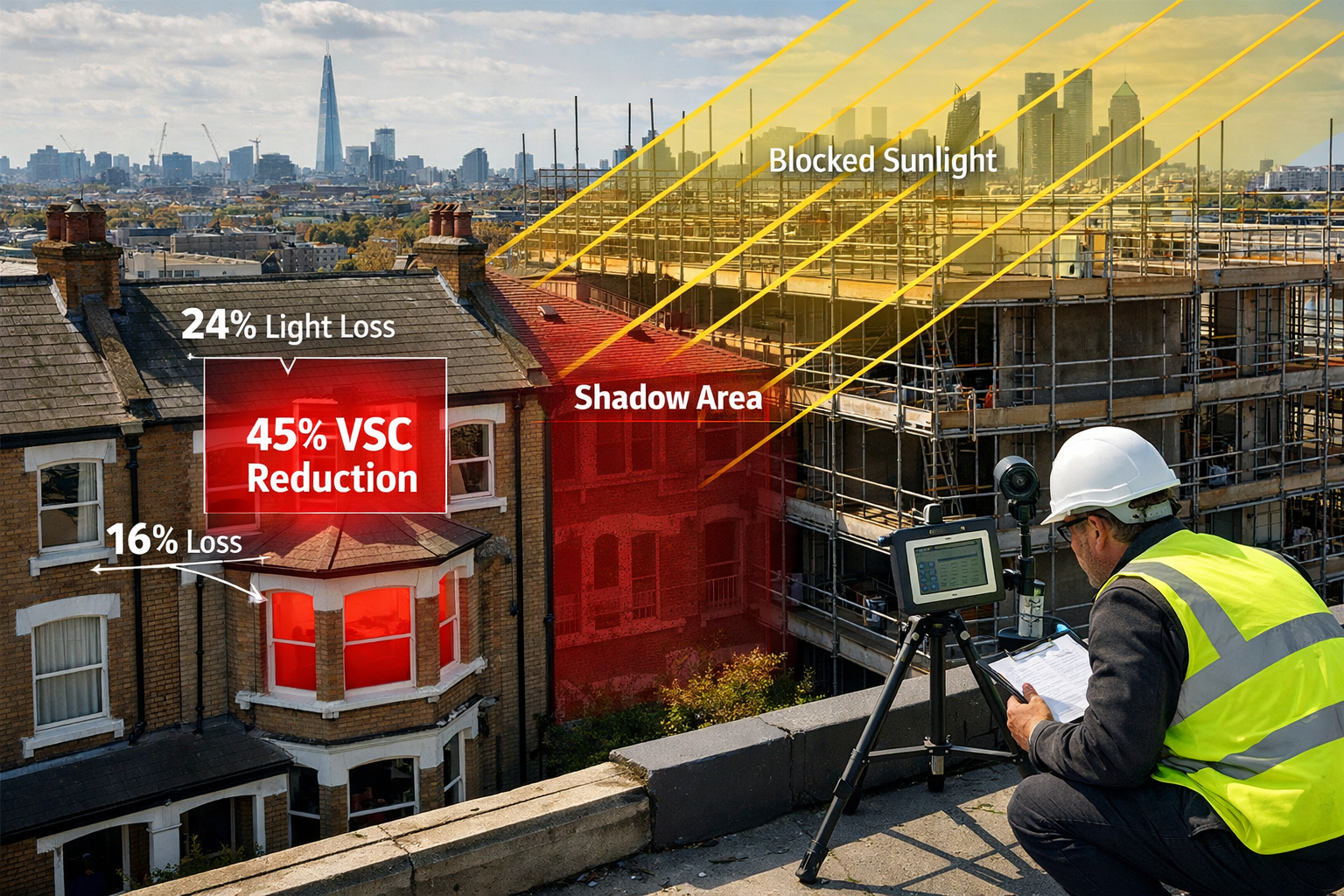 Detailed () image showing modern urban density dispute scenario from elevated perspective. Foreground features two adjacent