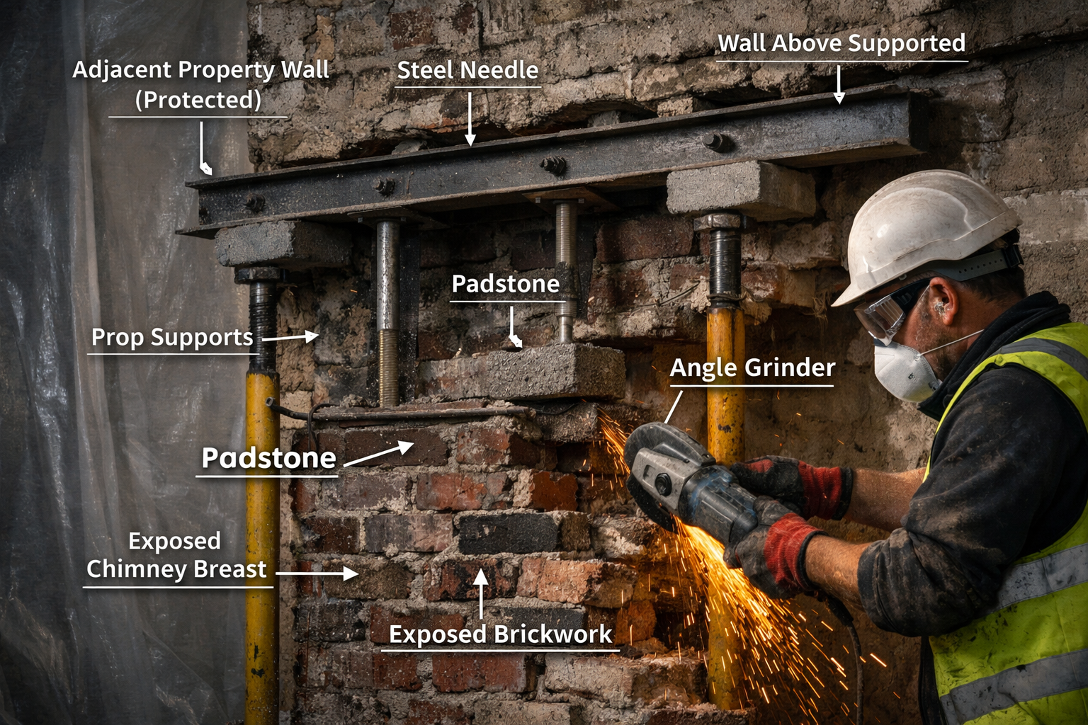 Detailed () image showing close-up of party wall breast removal procedure with exposed chimney breast structure, steel
