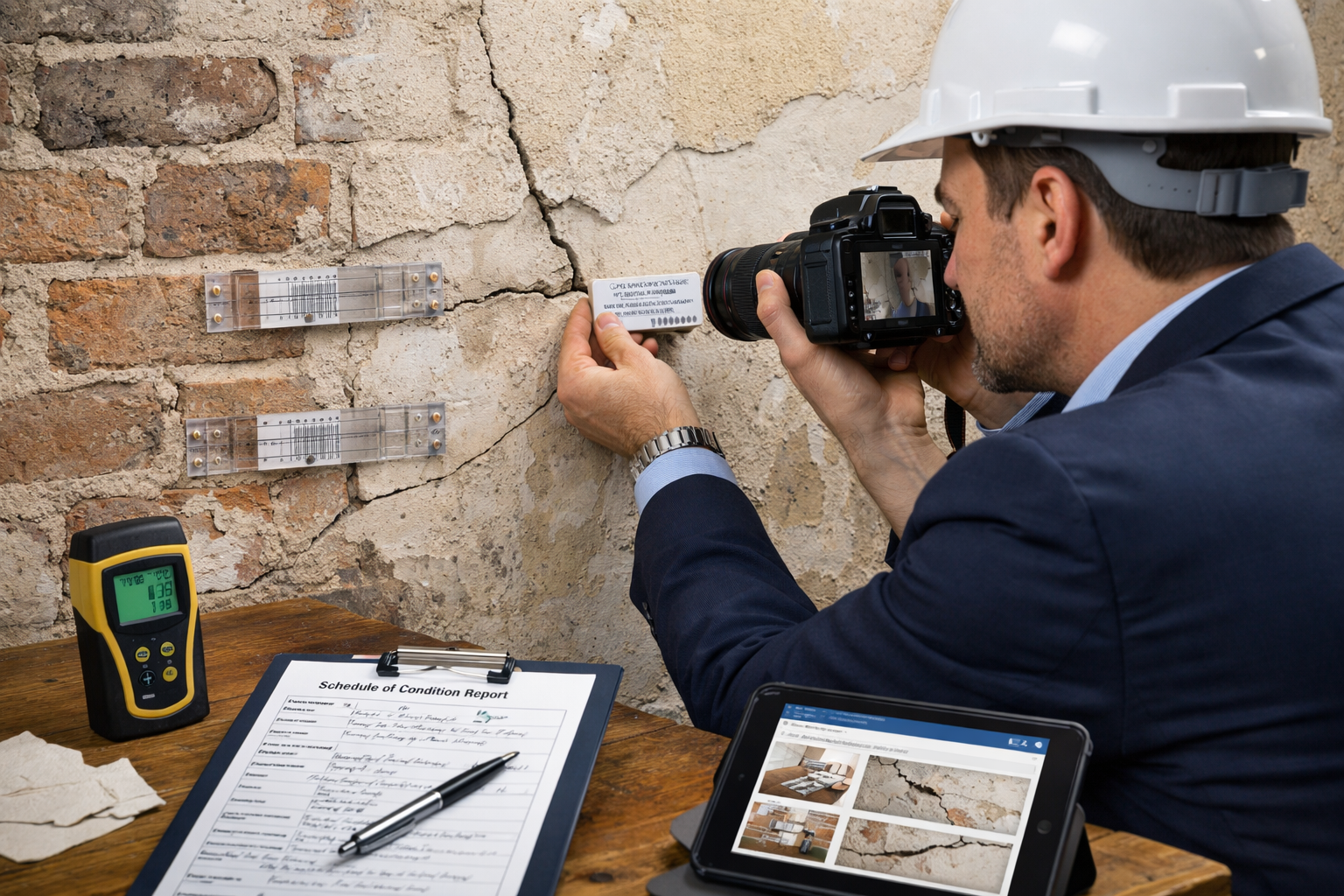 Professional () image of surveyor conducting pre-work schedule of condition inspection, wearing business attire and hard