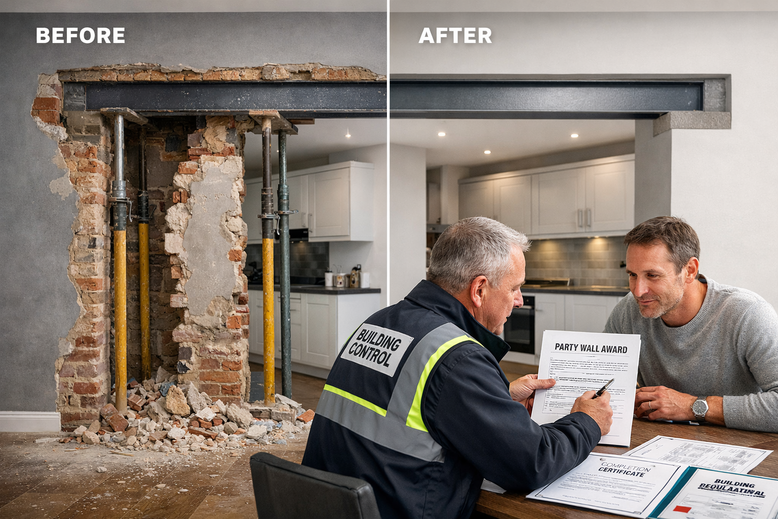 Wide () image showing completed party wall structural alteration with new steel beam insert installation, RSJ beam properly