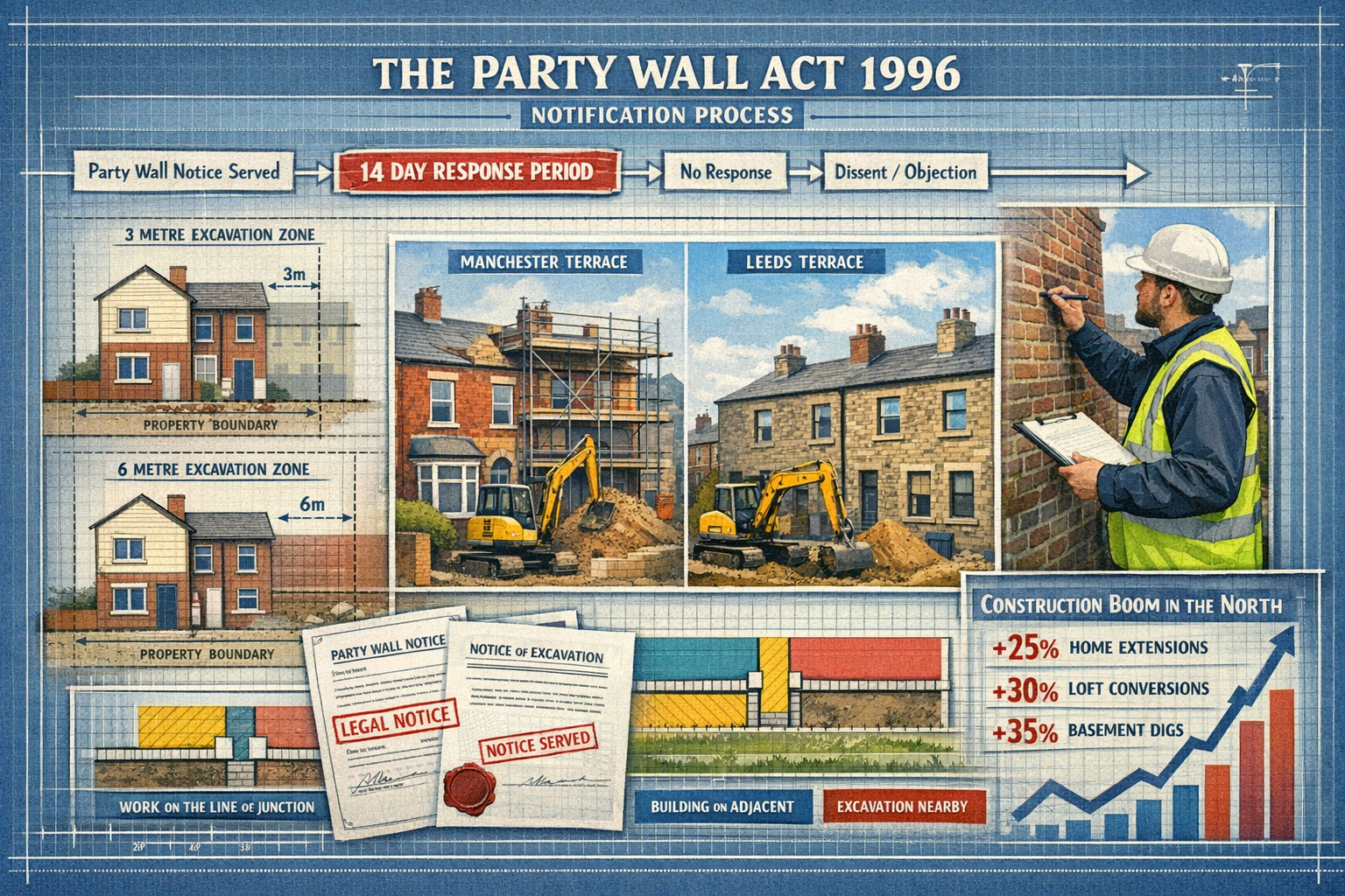 Landscape format (1536x1024) detailed illustration showing Party Wall Act 1996 notification process flowchart with timeline markers at 14-da