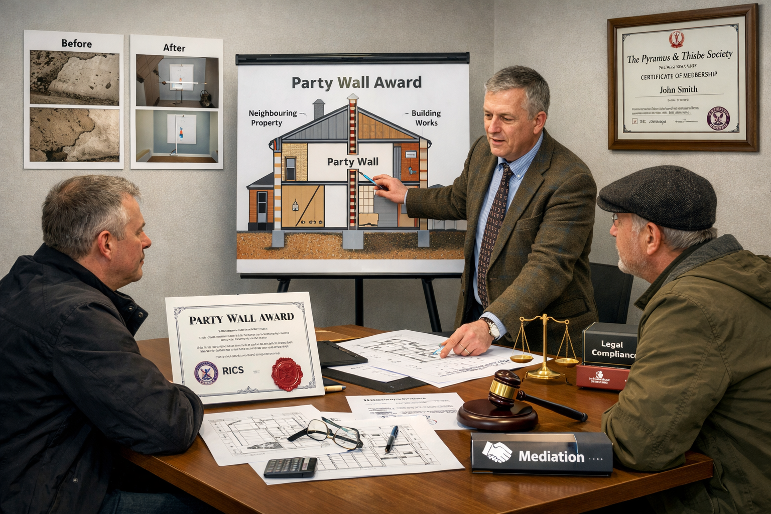 Landscape format (1536x1024) professional scene depicting party wall dispute resolution process in Northern market setting, two property own