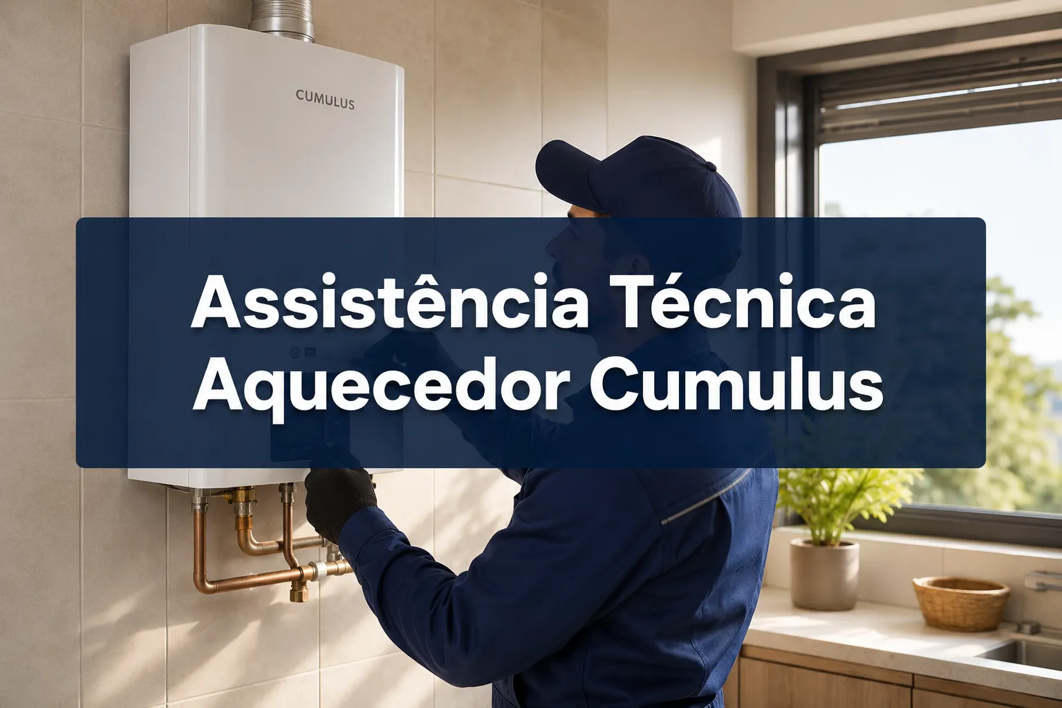 Professional () hero image with centered (≤42 chars): 'Assistência Técnica Aquecedor Cumulus', white on a deep navy
