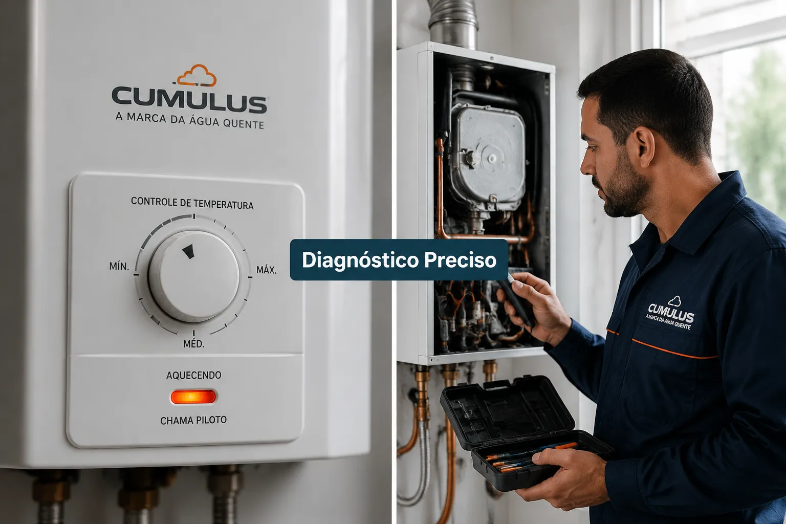 Editorial () split-screen image: left half shows a close-up of a Cumulus water heater control panel with temperature dial