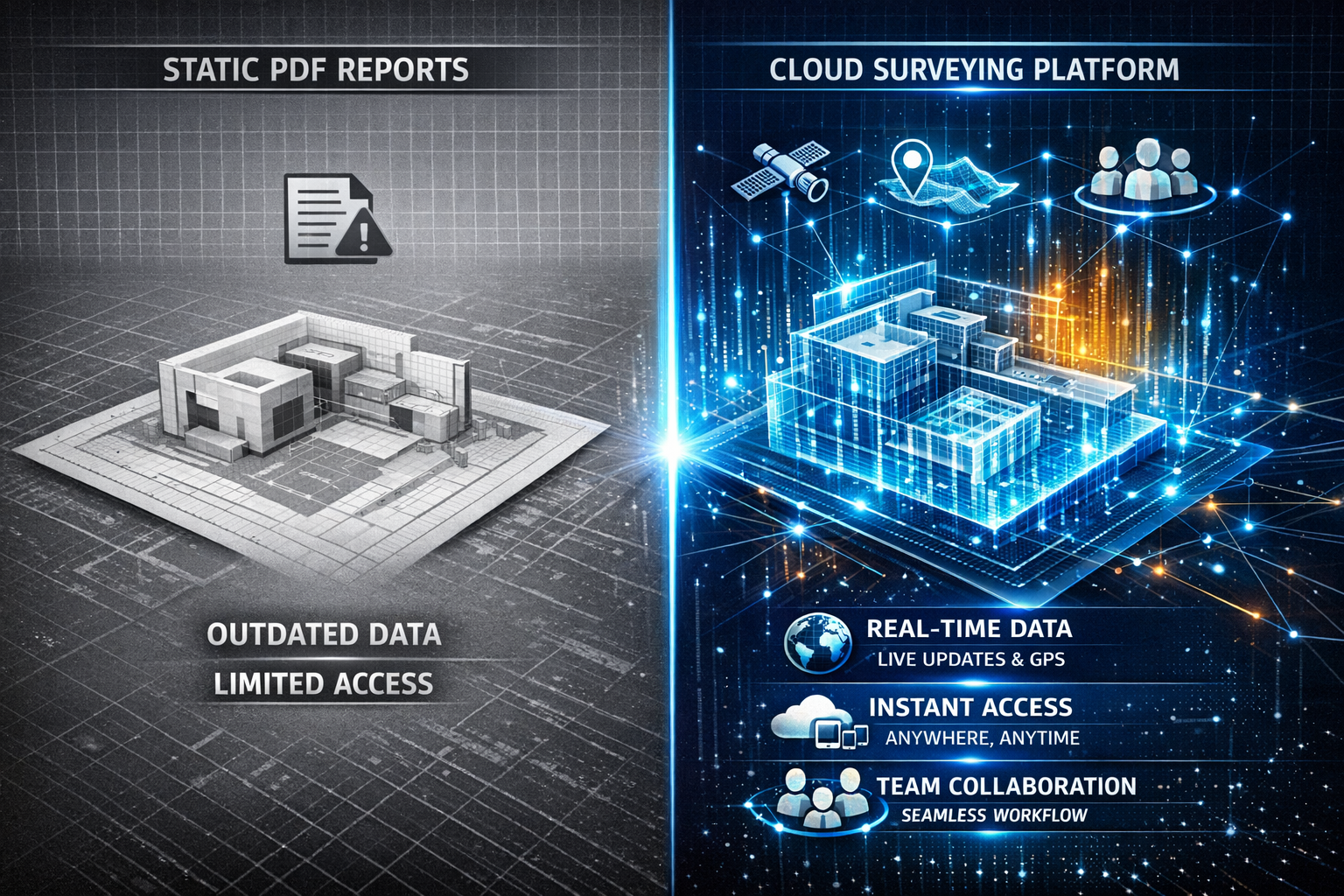 A dynamic, futuristic infographic visualizing key takeaways of cloud-based surveying platforms, featuring holographic data points emerging f