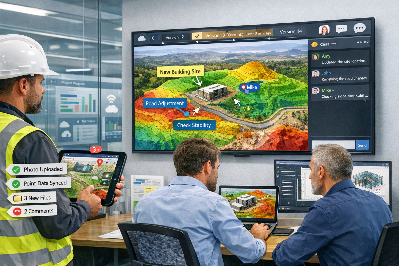 Landscape format (1536x1024) photorealistic scene of modern surveying team using cloud-based collaboration platform. Wide-angle view of cont