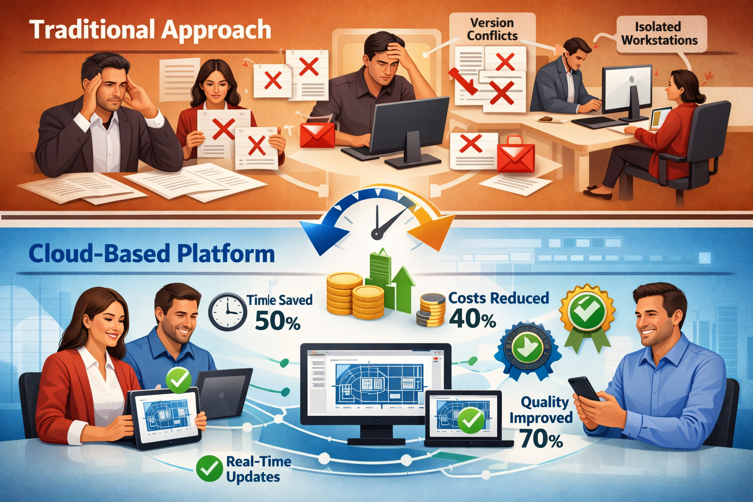 Landscape format (1536x1024) conceptual split-comparison image showcasing traditional versus cloud-based surveying outcomes. Top half labele