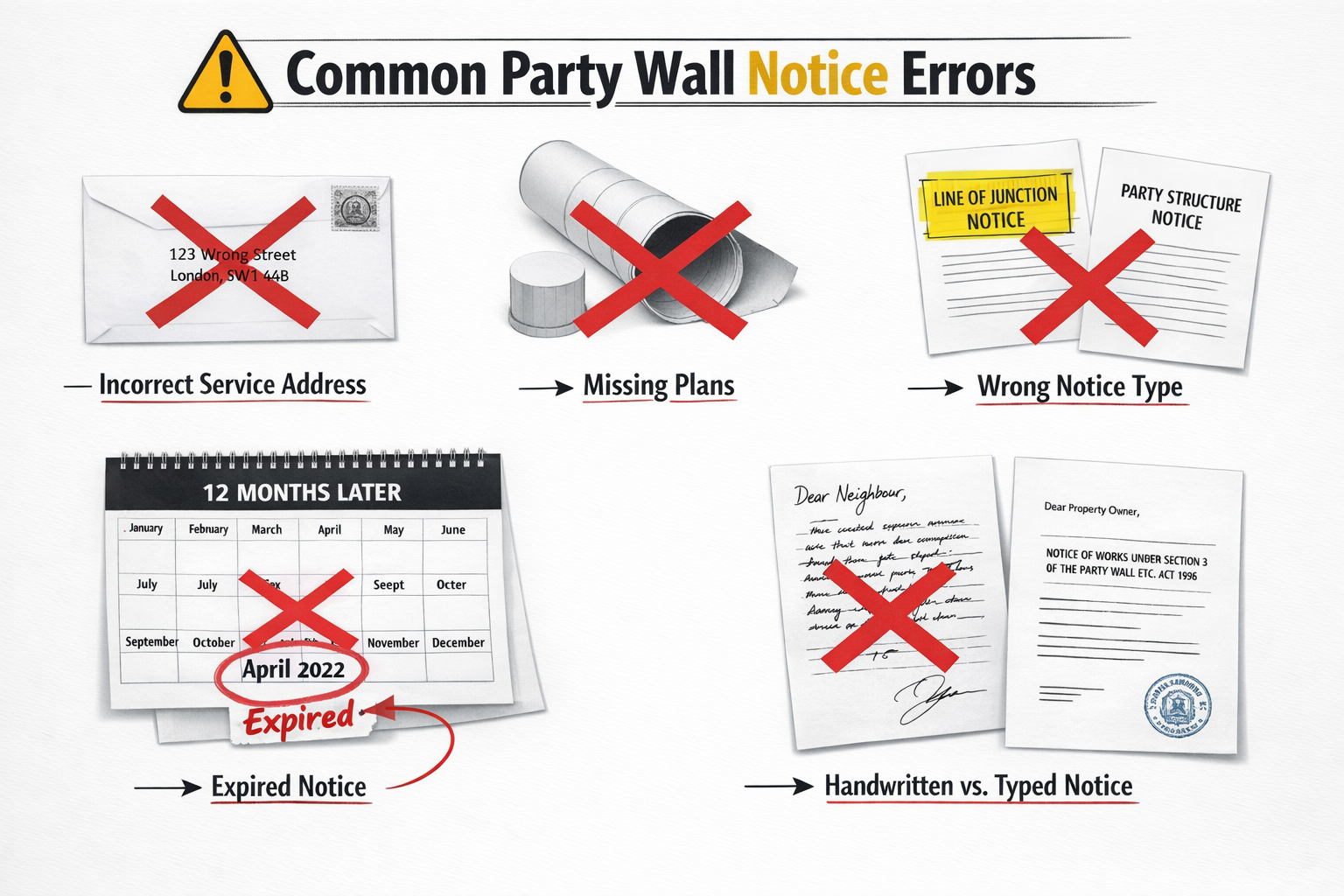 () detailed infographic showing common party wall notice errors as red X marks over documents. Visual elements include: