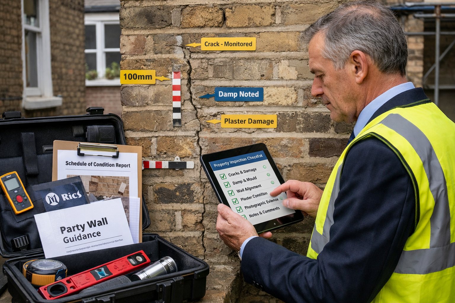 () professional scene showing surveyor validation process in action. Main focus: experienced surveyor in business attire and