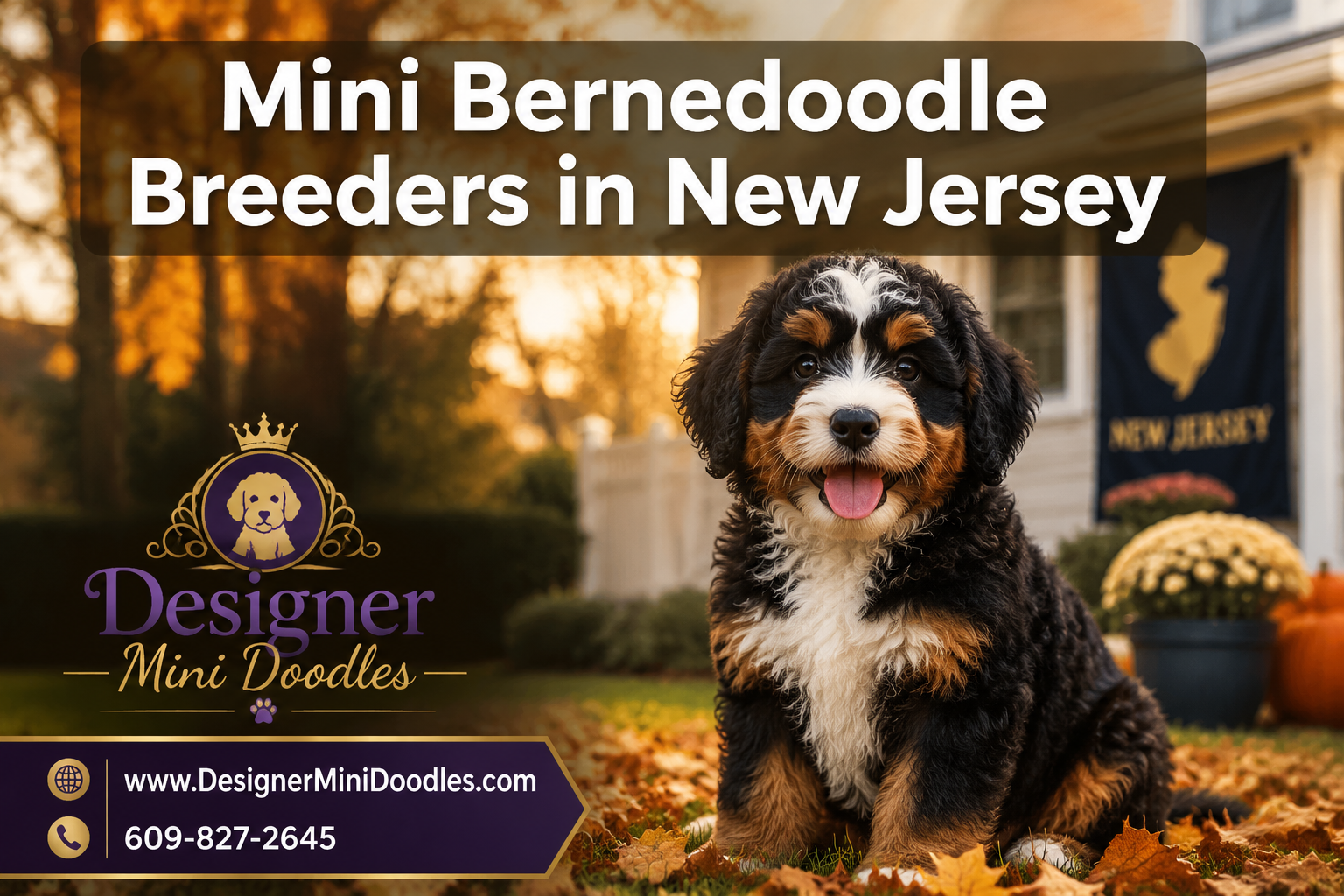 Professional () editorial hero image with 'Mini Bernedoodle Breeders in New Jersey' in extra large white with subtle drop ,