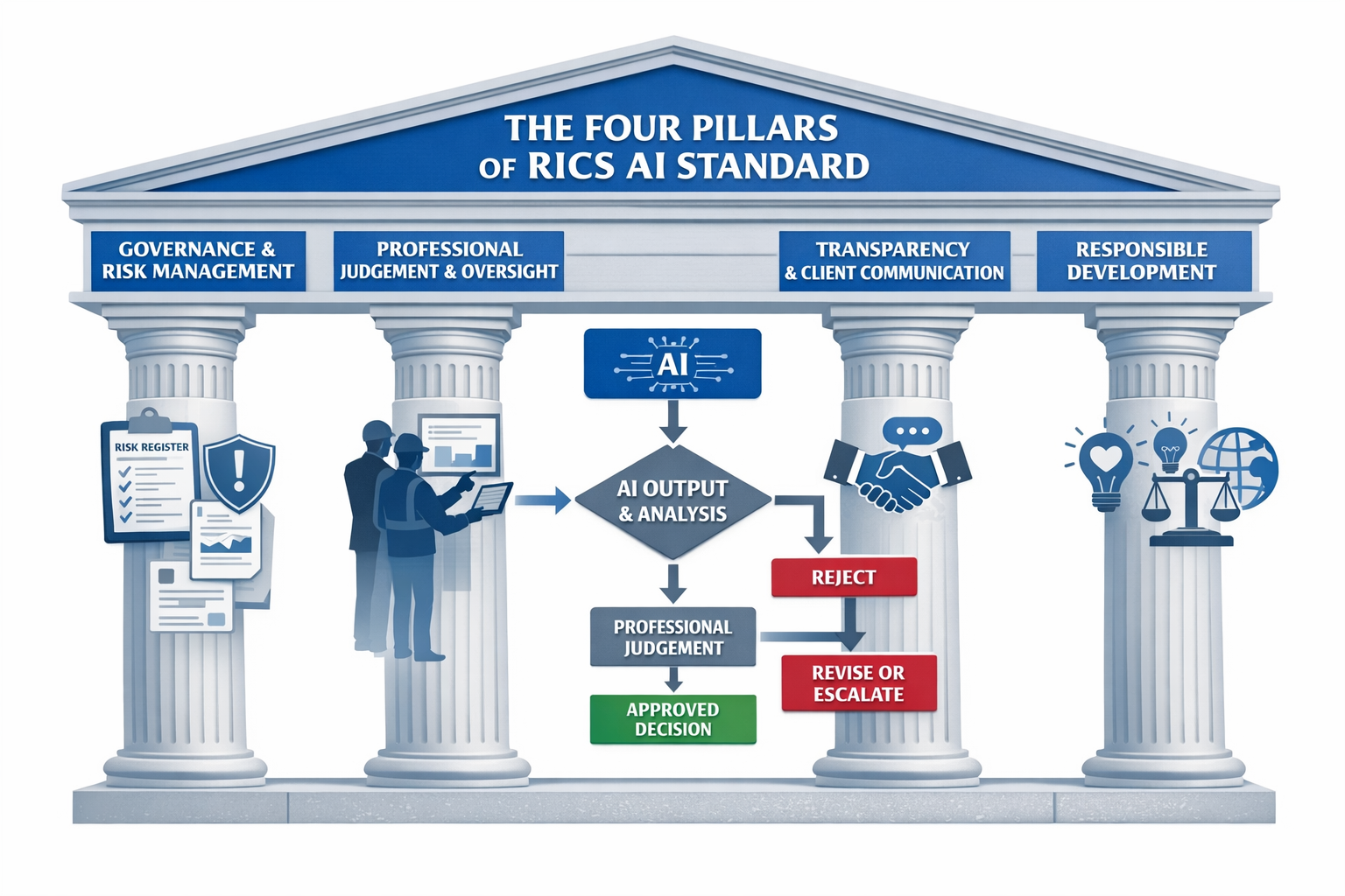 () detailed infographic showing the four core pillars of RICS AI standard as architectural columns supporting a building