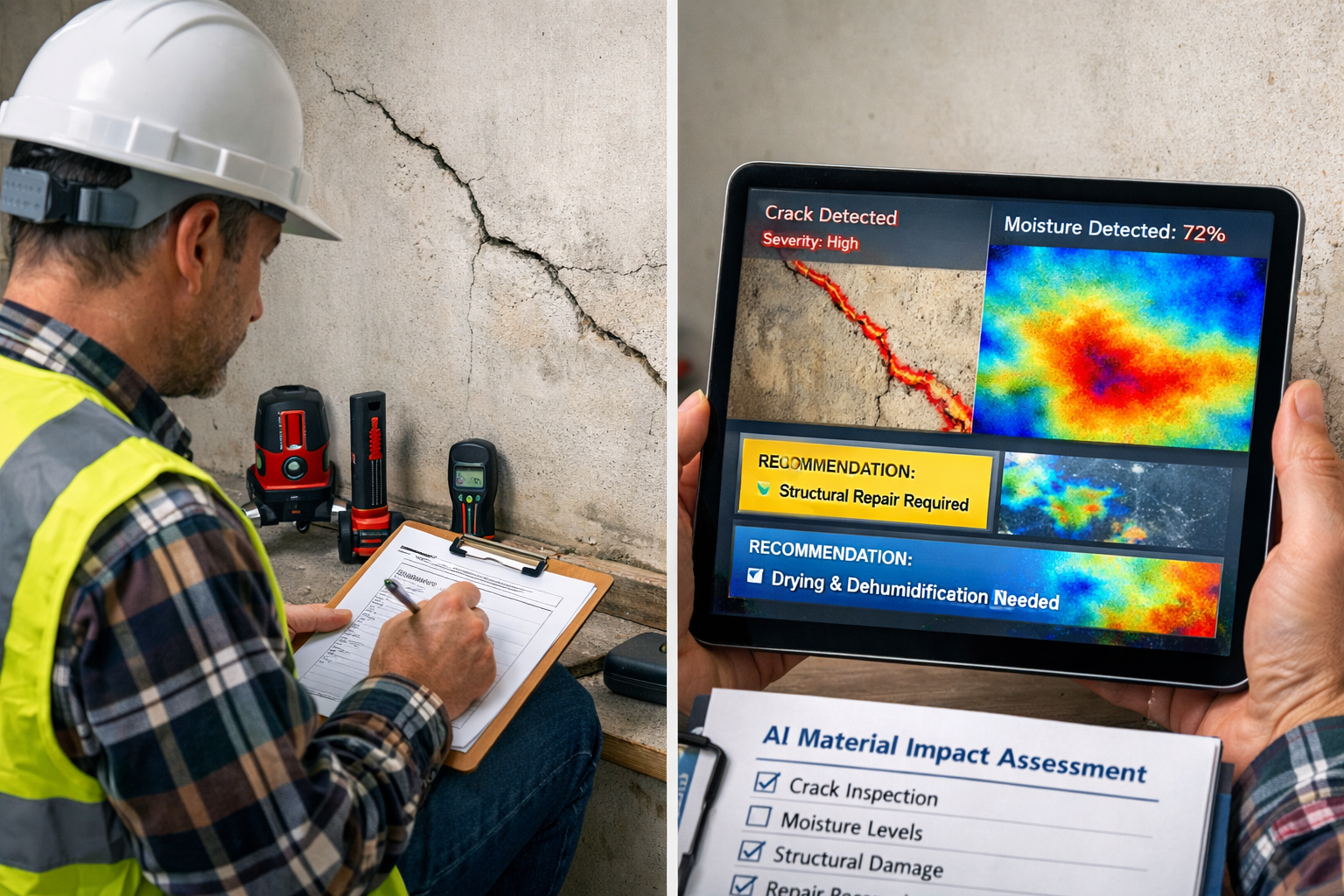 () realistic scene showing professional surveyor in hard hat conducting building inspection with tablet device displaying