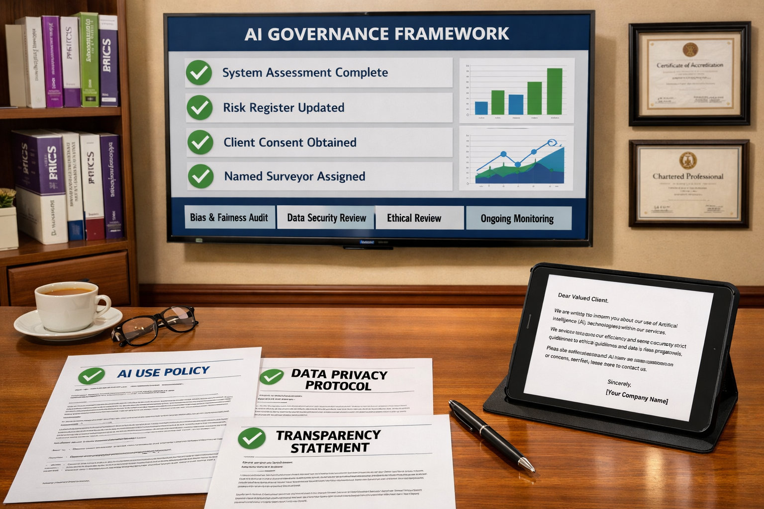 () professional office setting showing compliance checklist being reviewed. Large wall-mounted monitor displays AI