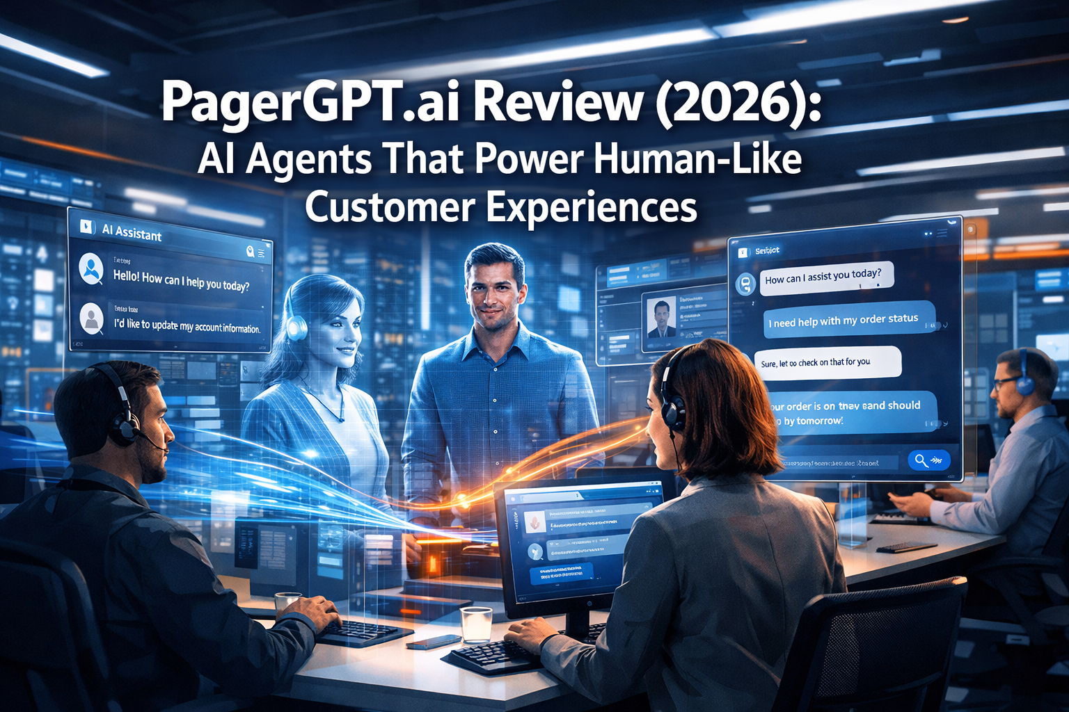 Professional landscape format (1536x1024) hero image featuring bold text overlay 'PagerGPT.ai Review (2026): AI Agents That Power Human-Like