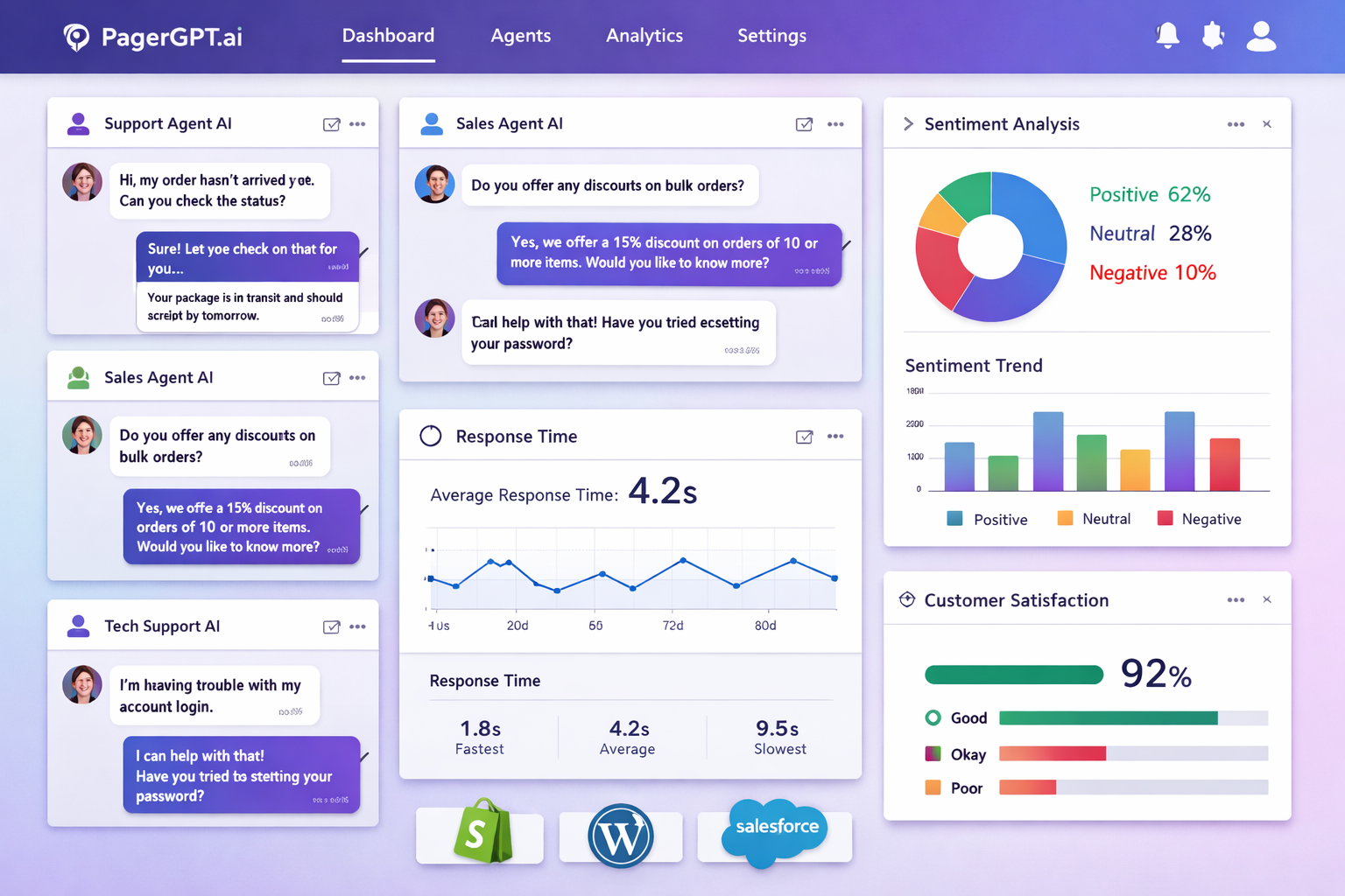 Landscape format (1536x1024) detailed illustration showing PagerGPT.ai dashboard interface with multiple AI agent conversation windows, real