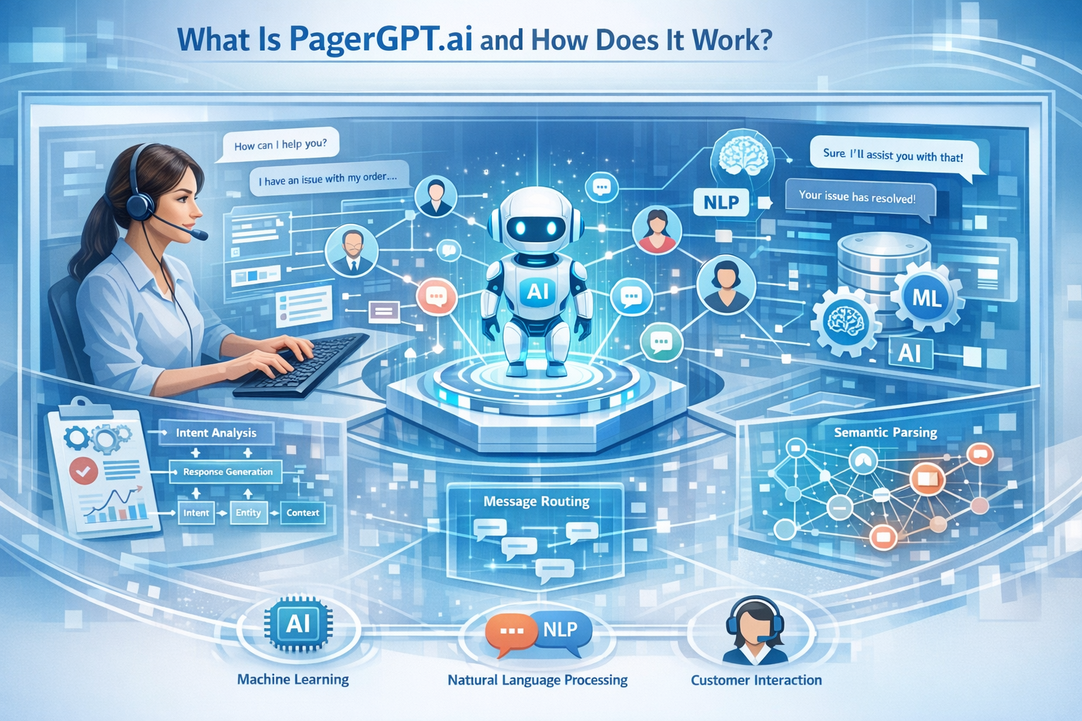 Detailed digital illustration showing 'What Is PagerGPT.ai and How Does It Work?' - central isometric visualization of an AI-powered custome