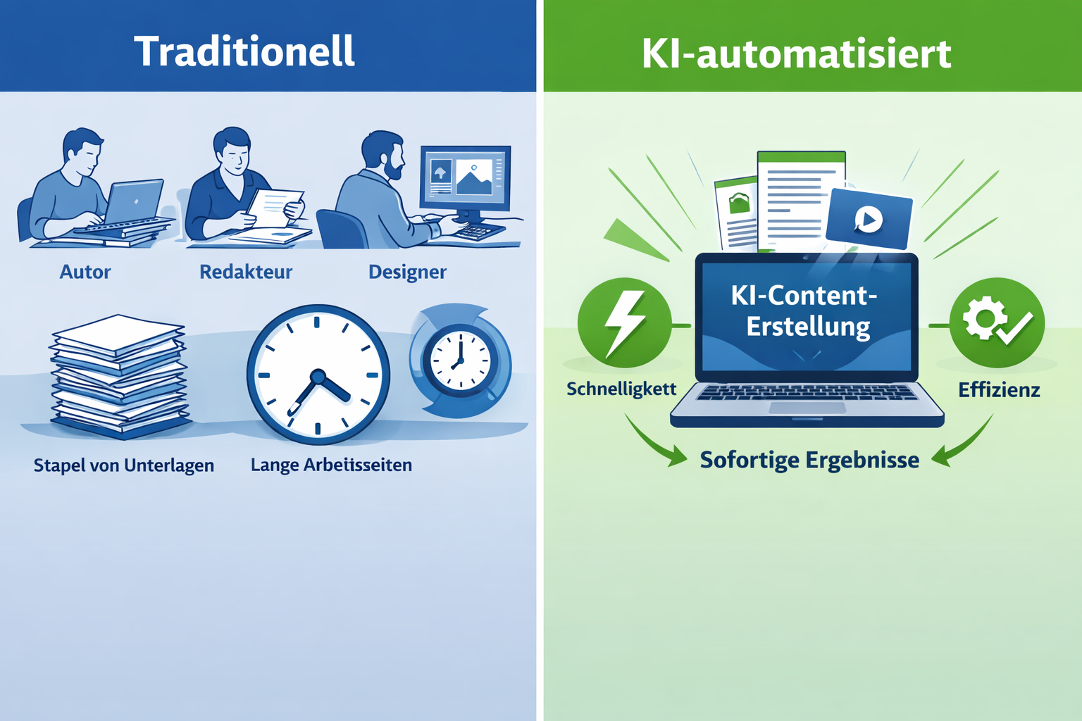 () split-screen comparison visual: left side shows traditional content production workflow with multiple human workers,