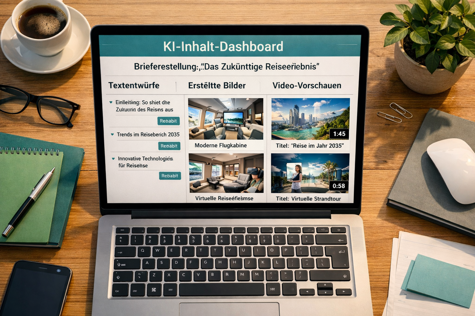 () overhead flat-lay perspective of a modern desk showing a laptop screen with AI content dashboard displaying multimodal