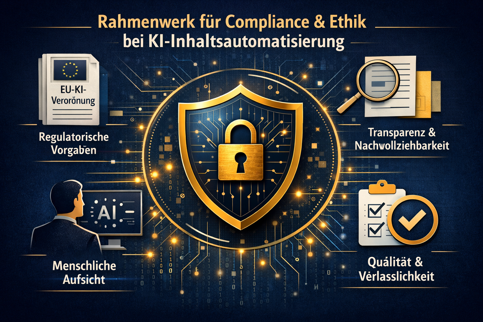 () conceptual illustration of a compliance and ethics framework for AI content automation, showing a shield icon at center