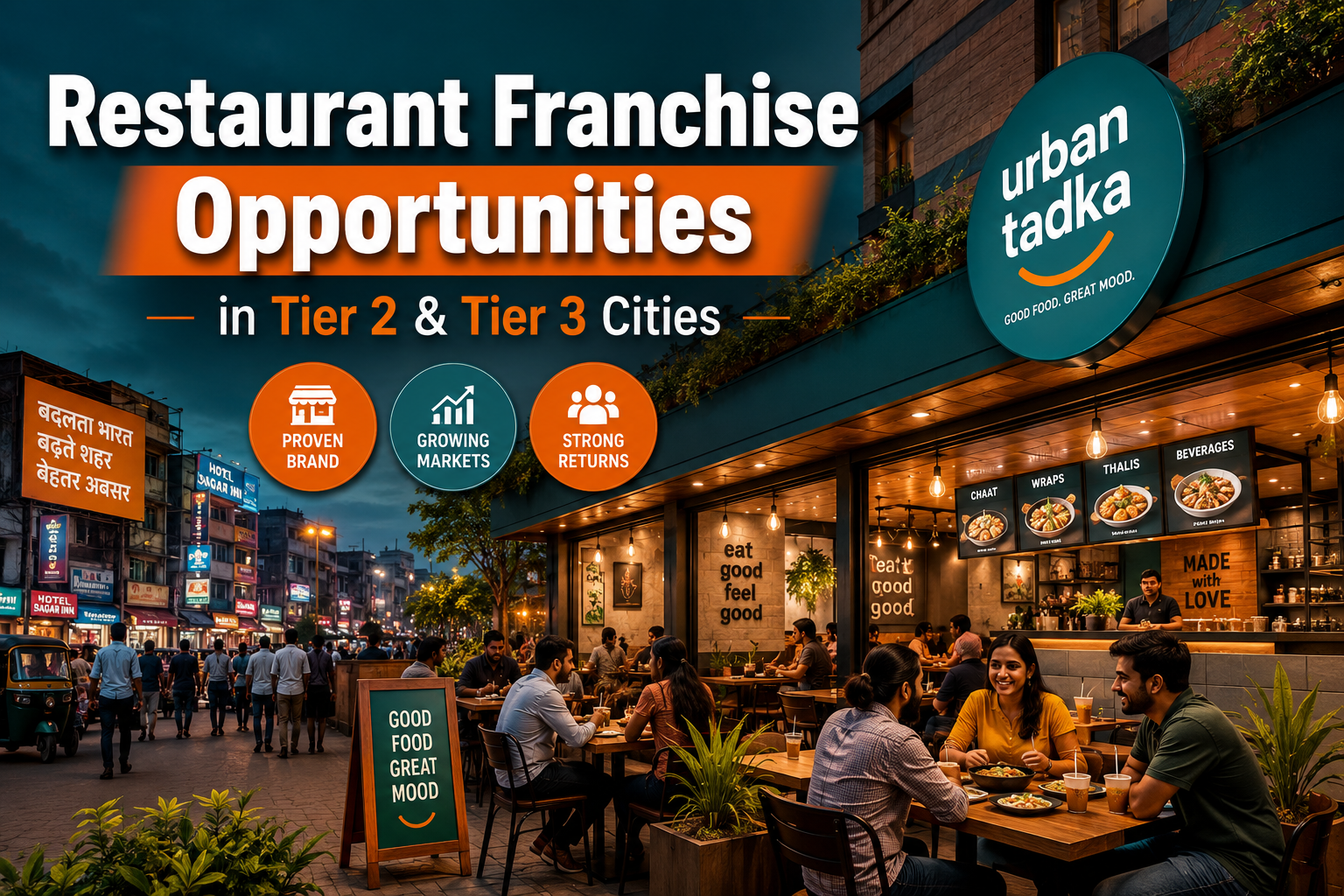 Professional () hero image with : 'Restaurant Franchise Opportunities in Tier 2 & Tier 3 Cities', centered in the upper