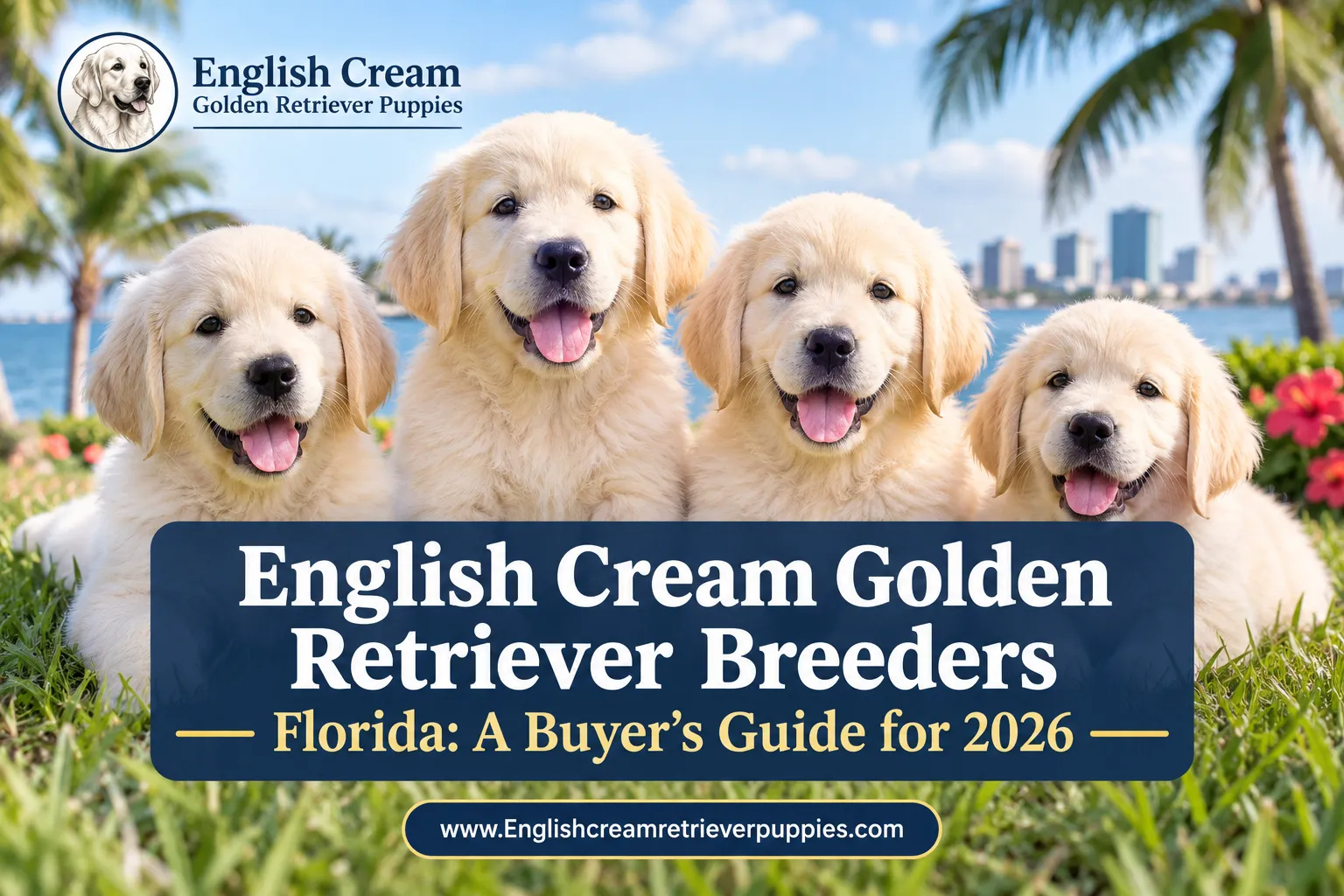A reading "English Cream Golden Retriever Breeders". CRITICAL TYPOGRAPHY RULES: render the text on 1–2 lines, centered, with