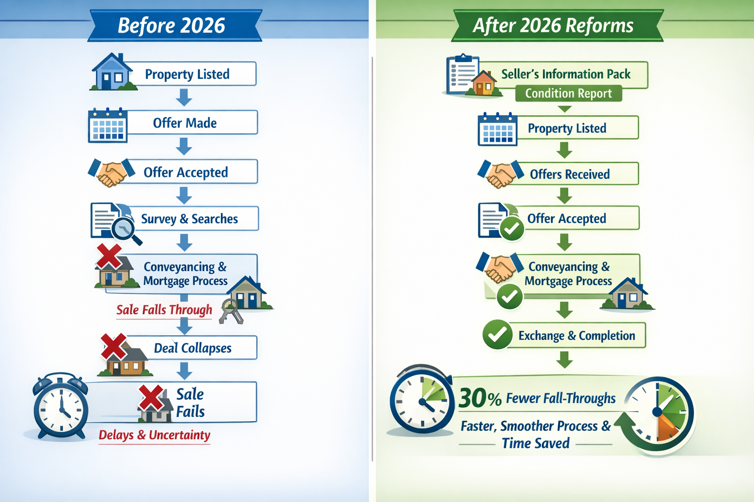 () detailed illustration showing timeline comparison of traditional vs reformed UK property transaction process. Left side