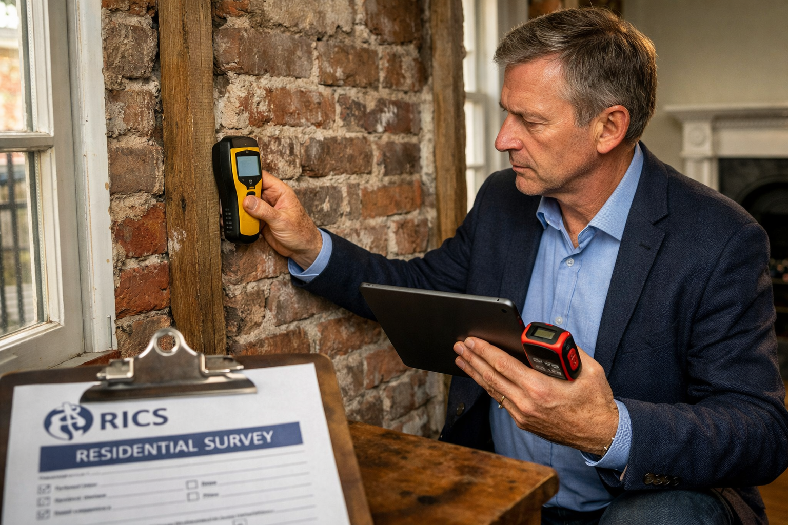 () close-up photograph of professional chartered surveyor conducting property inspection inside UK residential property.