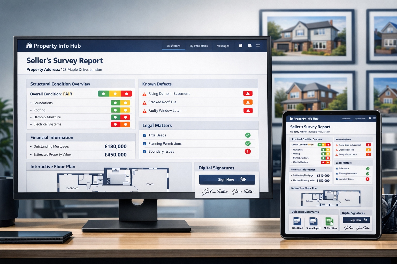 () modern digital interface mockup showing new standardized property information platform on large desktop monitor and