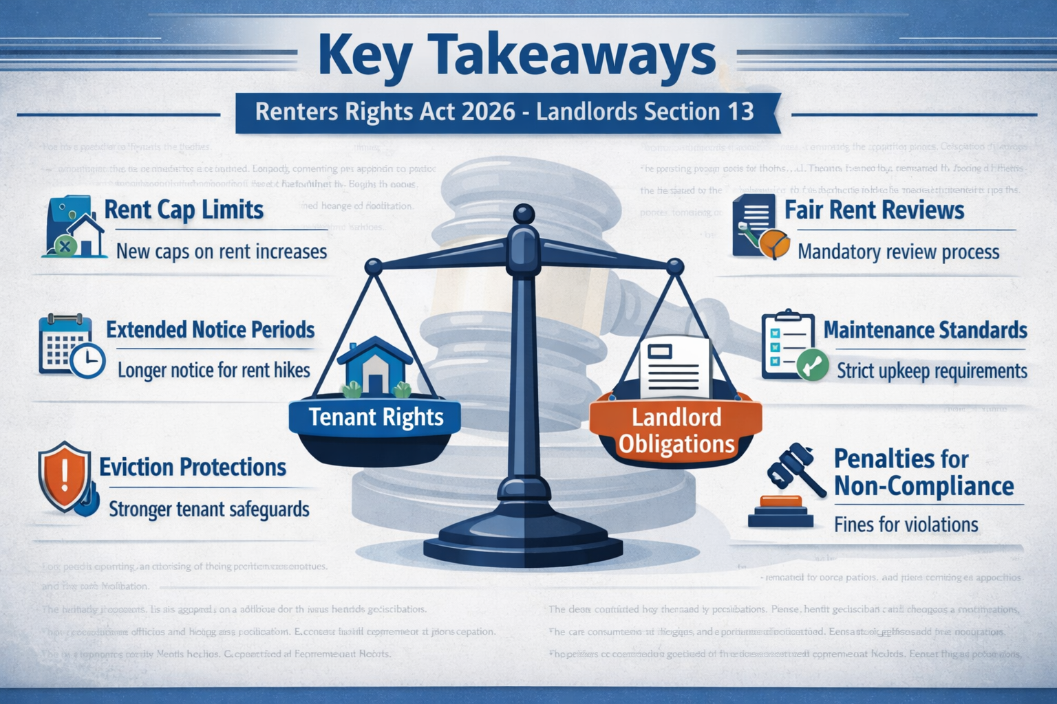 Infographic-style visual for 'Key Takeaways' with stylized legal document background, featuring iconography representing