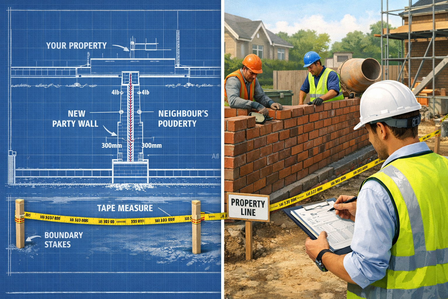 () detailed illustration showing construction of new party wall on property boundary line, split-screen composition with