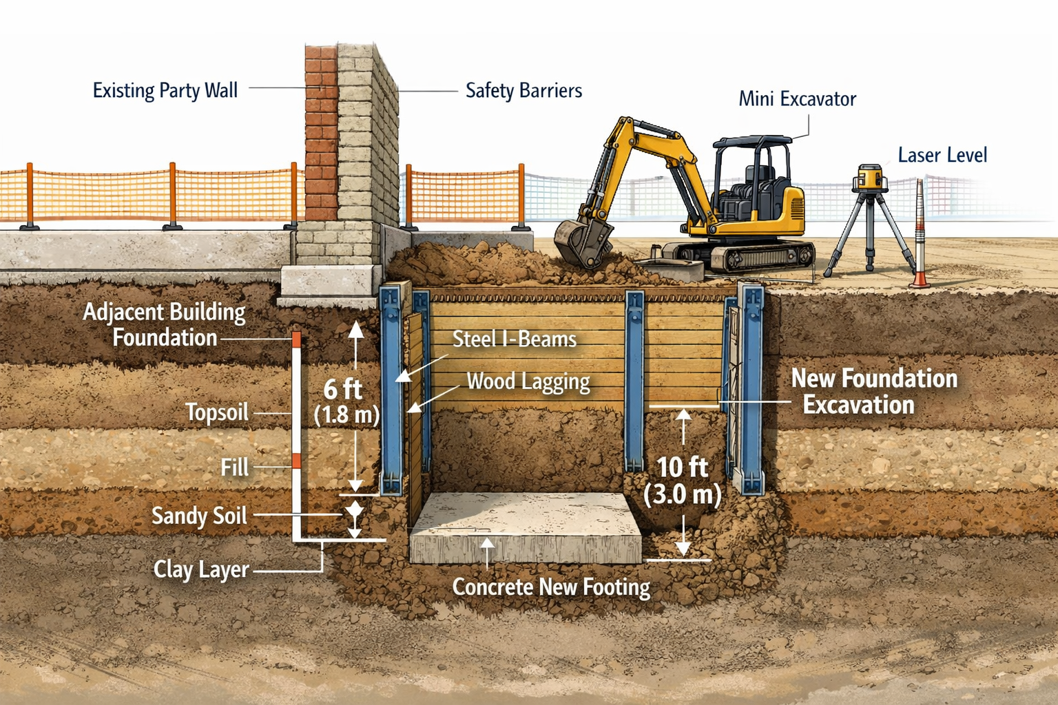 () cutaway technical diagram showing foundation excavation near existing party wall structure, underground cross-section
