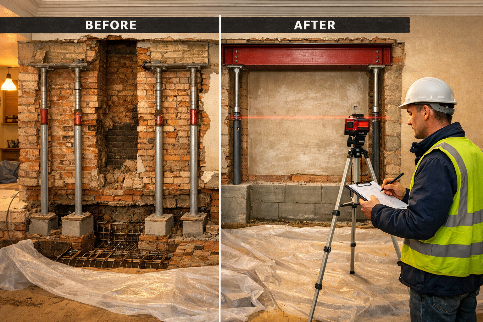 () interior-exterior composite showing structural alterations to party wall including steel beam installation, removed