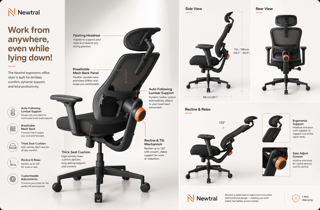 Detailed showcase of the Newtral Ergonomic Office Chair highlighting its auto-following lumbar support system, mesh back panel, and overall chair silhouette from multiple angles, with Newtral branding visible and feature callout labels overlaid in clean sans-serif typography. Newtral Magic H BP Ergonomic Office Chair with Laptop Table.