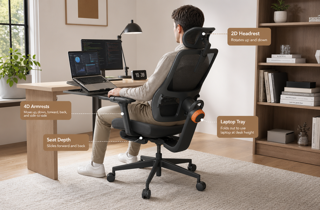 Detailed showcase of the Newtral Ergonomic Office Chair highlighting key features in action: a person seated with proper posture demonstrating the 4D armrest adjustment, 2D headrest rotation, seat depth slider, and the optional laptop tray extended and in use at a home office desk Magic H BP Ergonomic Office Chair with Laptop Table