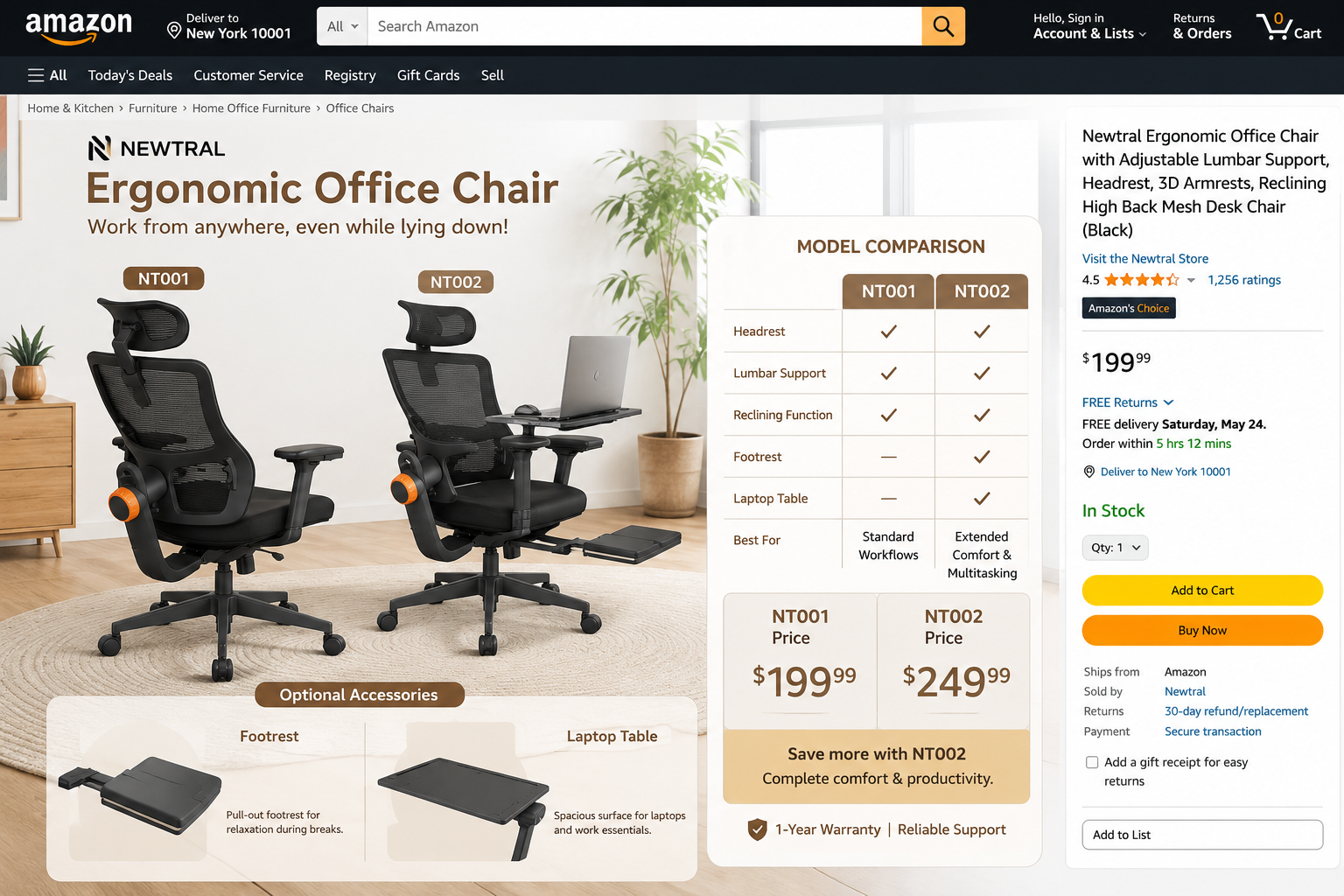 Detailed showcase of the Newtral Ergonomic Office Chair highlighting the model variants NT001 and NT002 side by side with optional footrest and laptop table accessories displayed, along with a pricing comparison panel and Amazon product listing interface in the background Magic H-BP Ergonomic Office Chair with Laptop Table