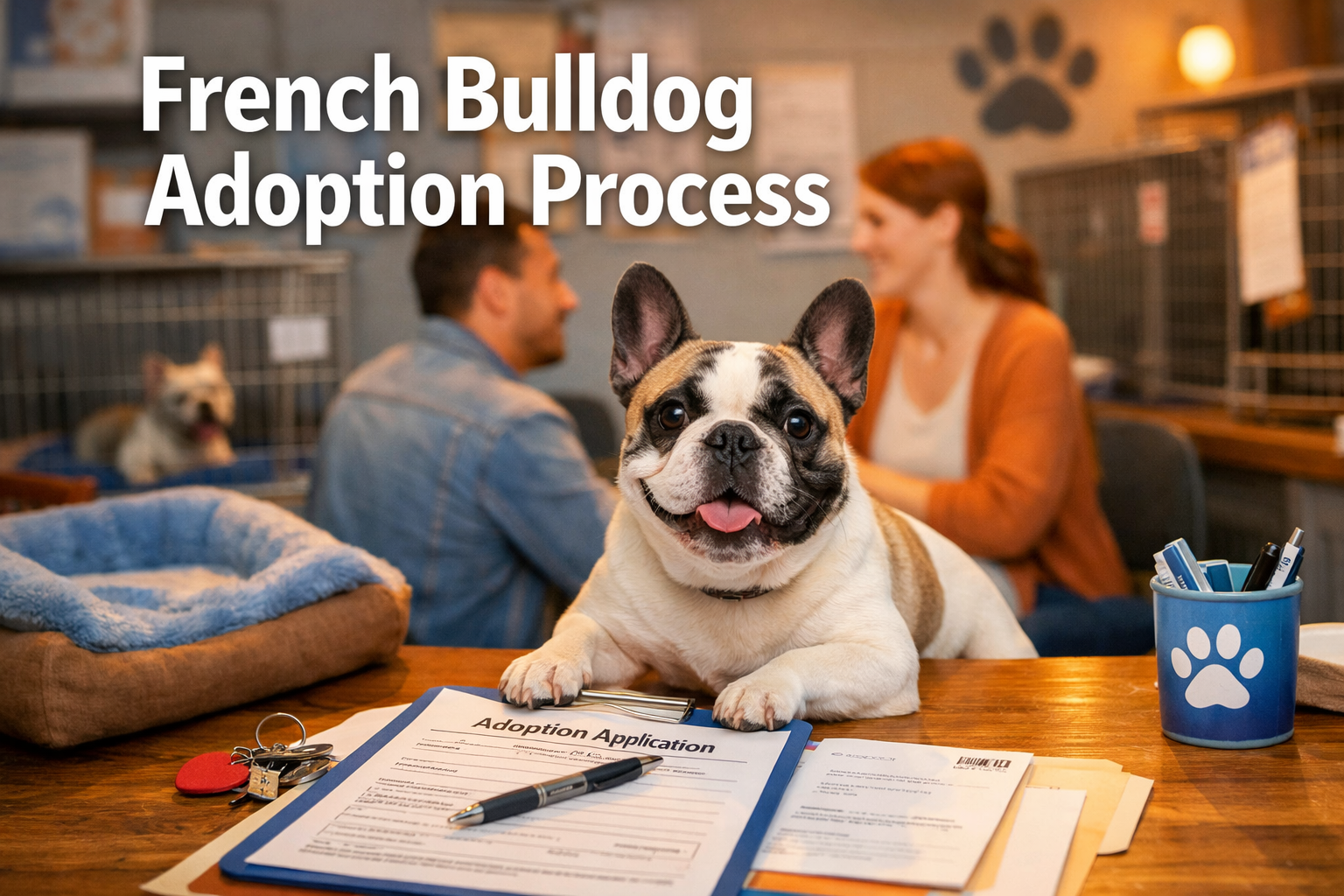 Professional landscape format (1536x1024) hero image featuring bold text overlay 'French Bulldog Adoption Process' in extra large 72pt white