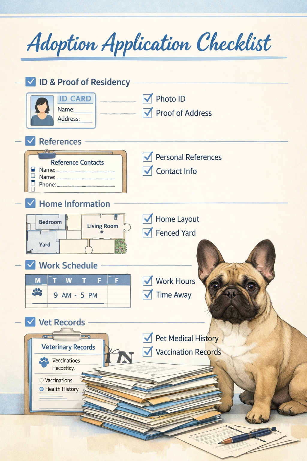 Detailed portrait format (1024x1536) illustration of adoption application checklist with French Bulldog sitting beside paperwork stack. Visu